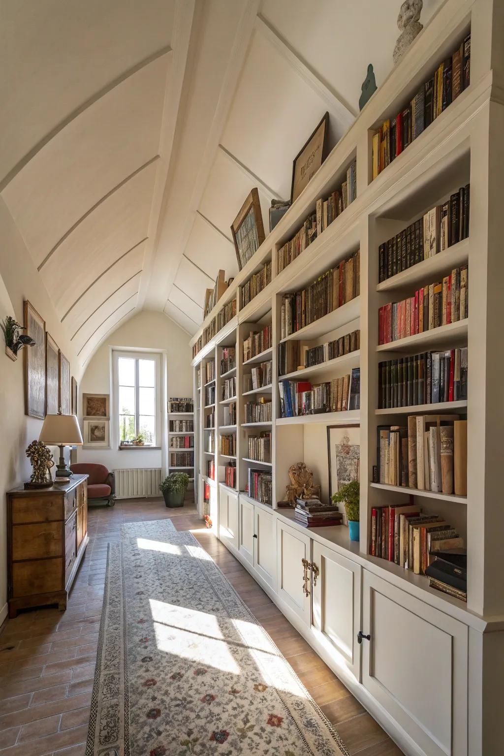 Staggered shelving optimizes vertical space for both elegance and storage.