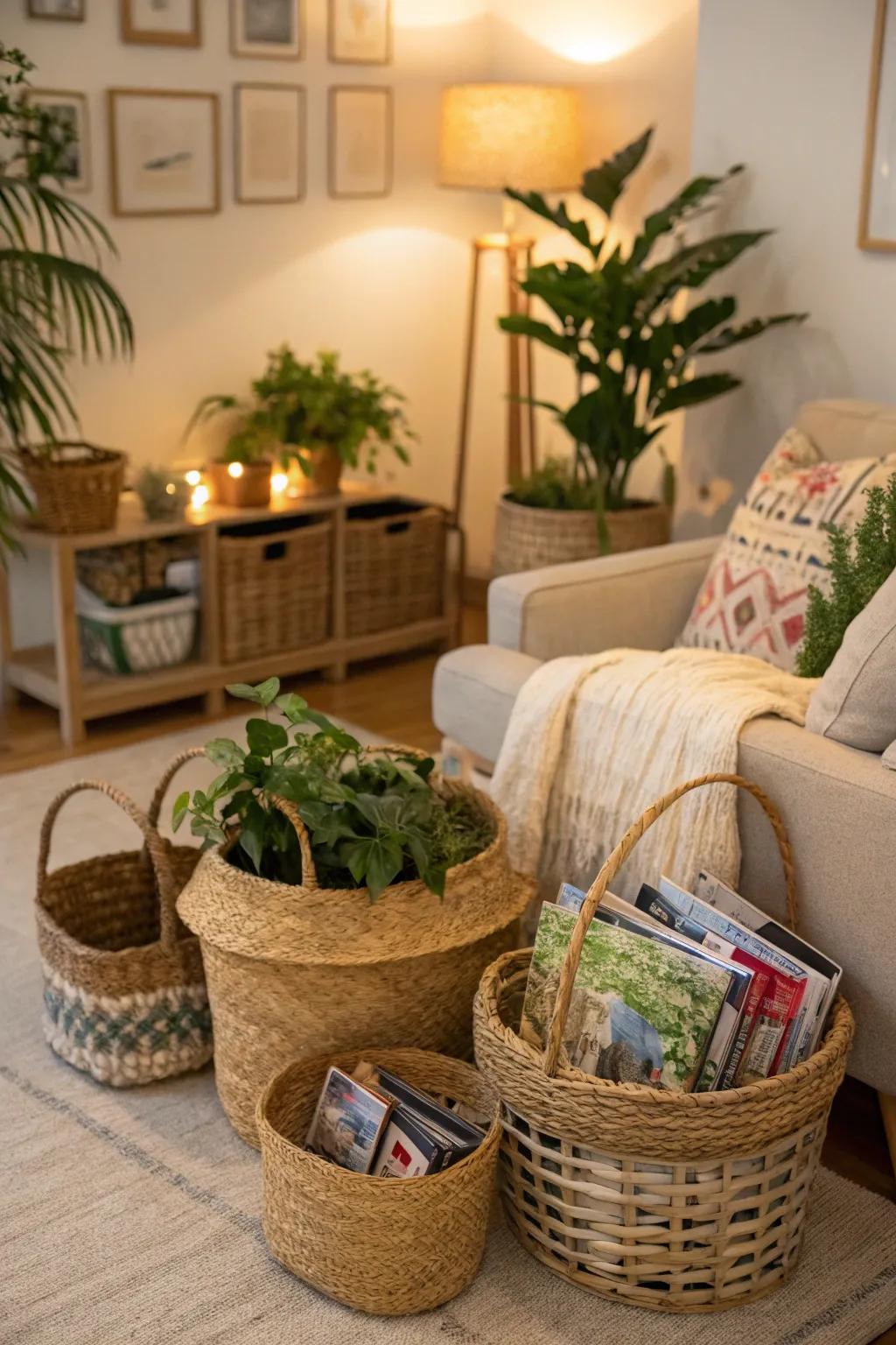 Baskets introduce warmth and relaxation into living spaces.