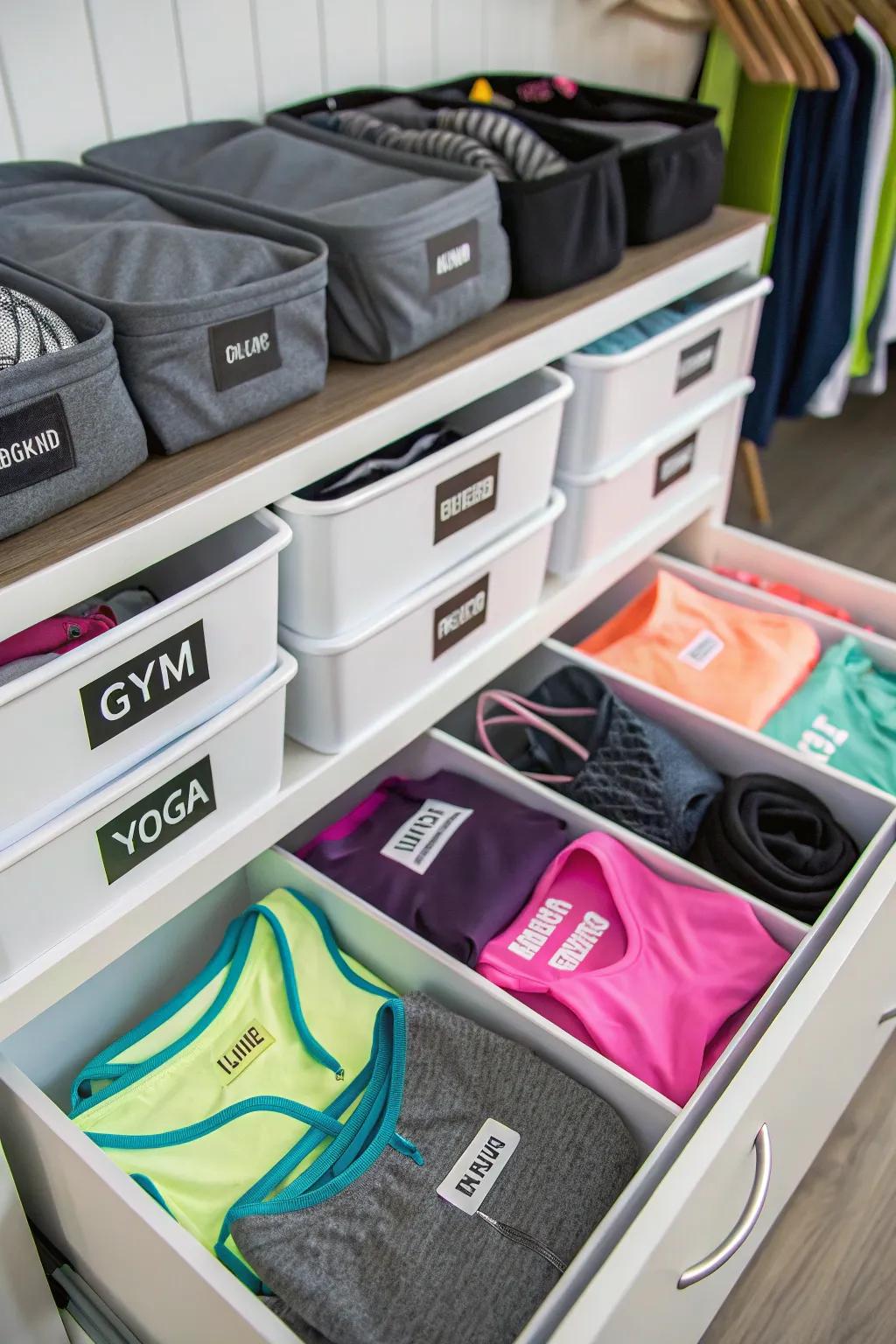 Tagged storage making workout gear easy to find.