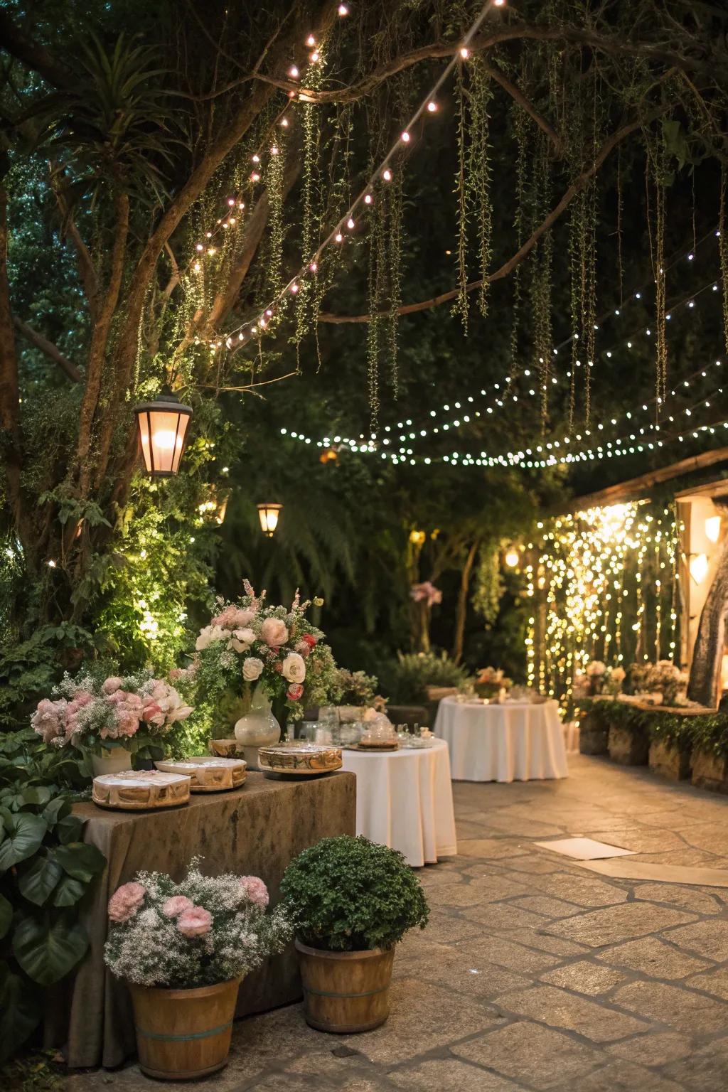 Greenery combined with lights adds a natural touch.