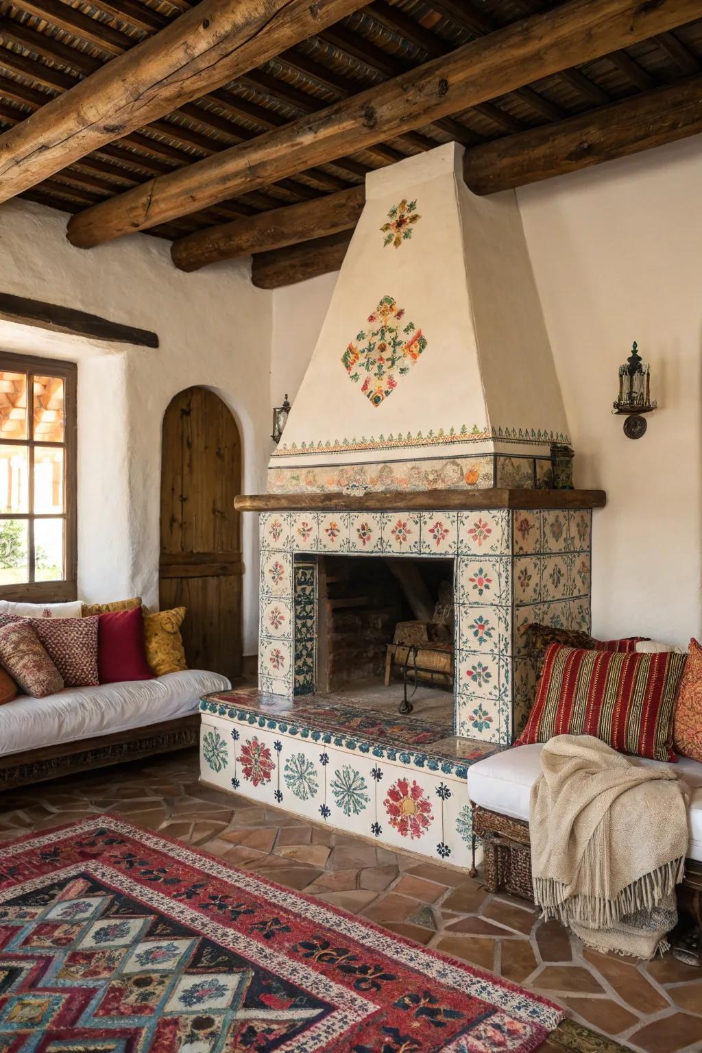 A traditional Spanish fireplace creates a cozy focal point in the living room.