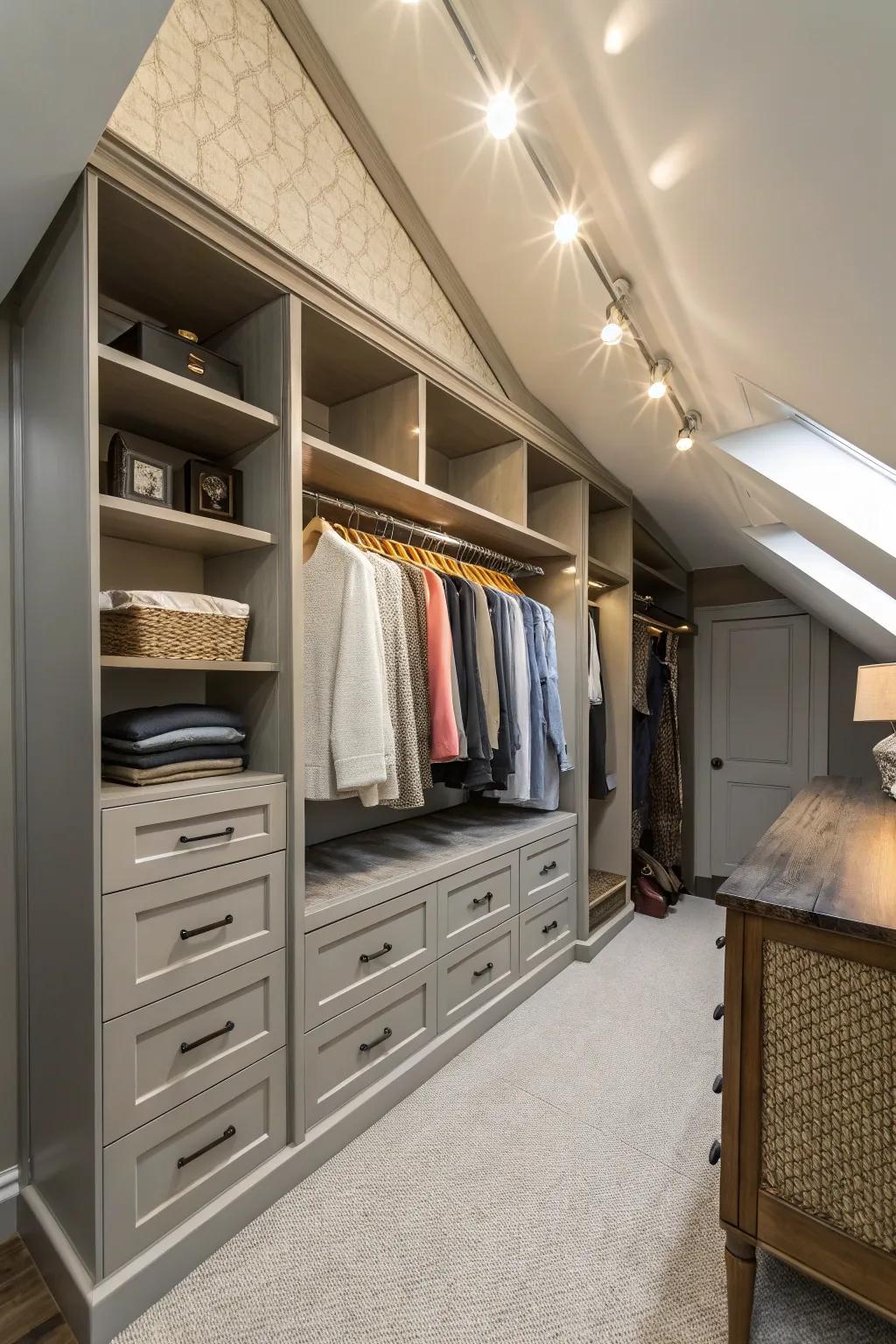 A custom-designed closet harmoniously aligned with a sloping ceiling.