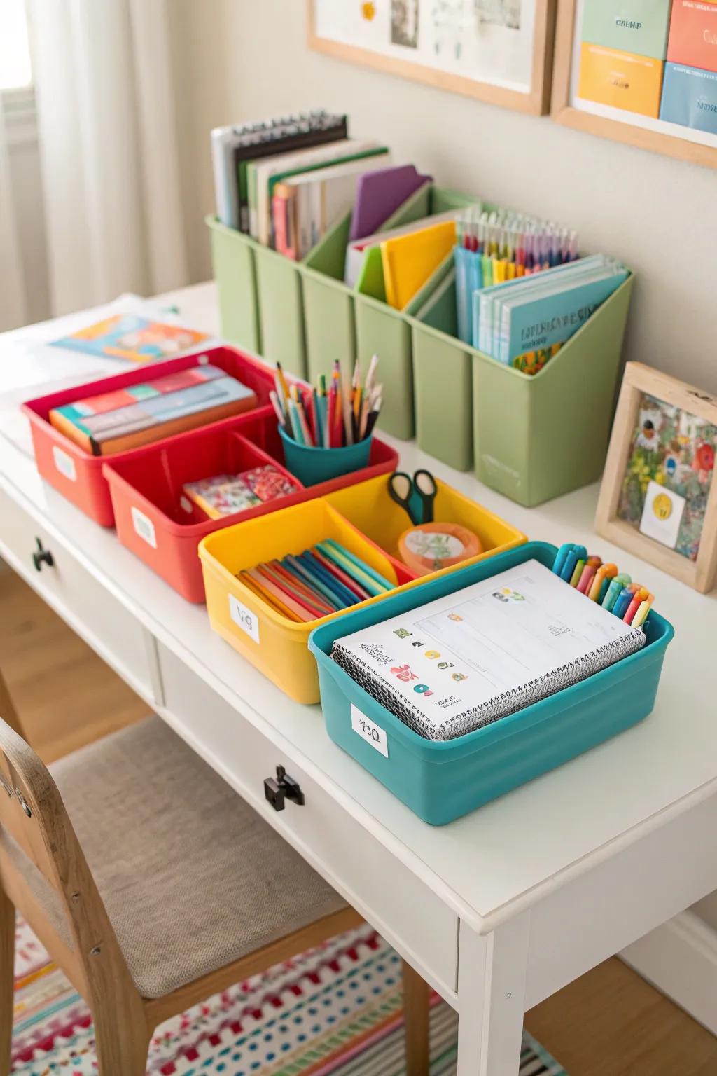 Effective storage options tucked beneath the desk.