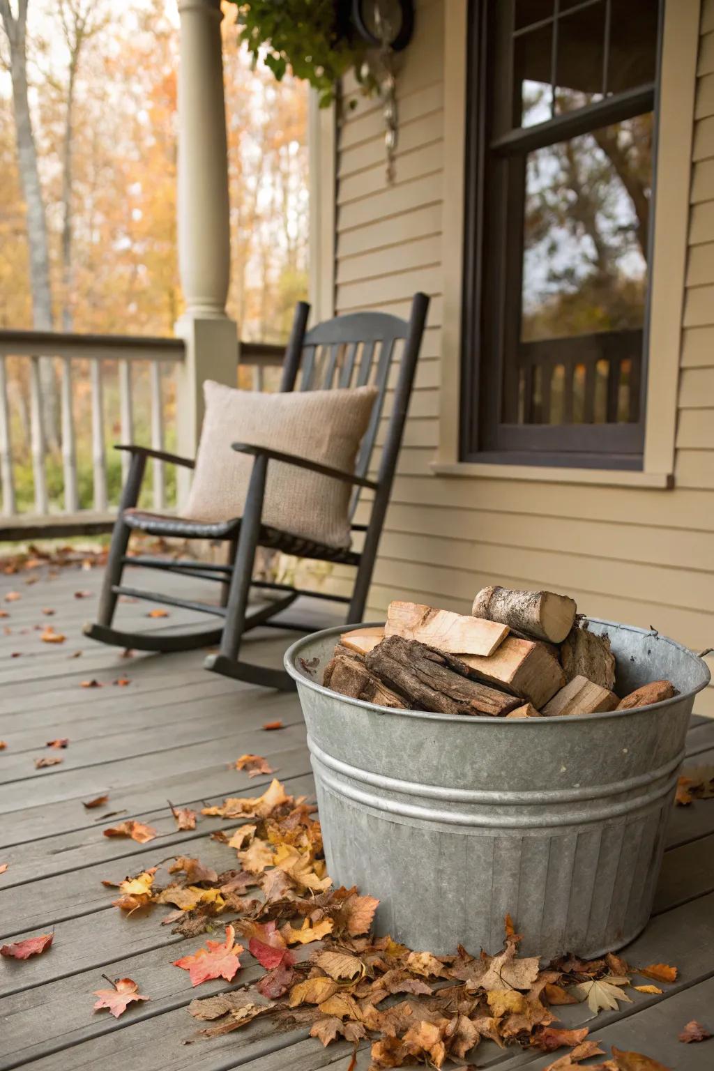 Galvanized tubs combine practicality with rustic charm for kindling storage.