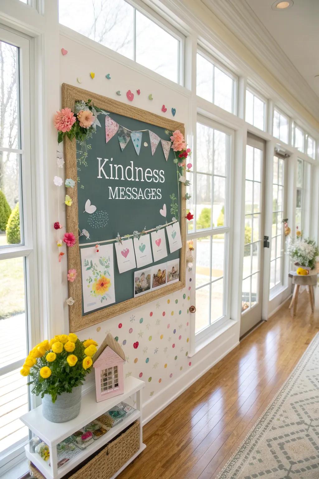 A spring-themed kindness bulletin board in a bright room, adorned with seasonal decorations.