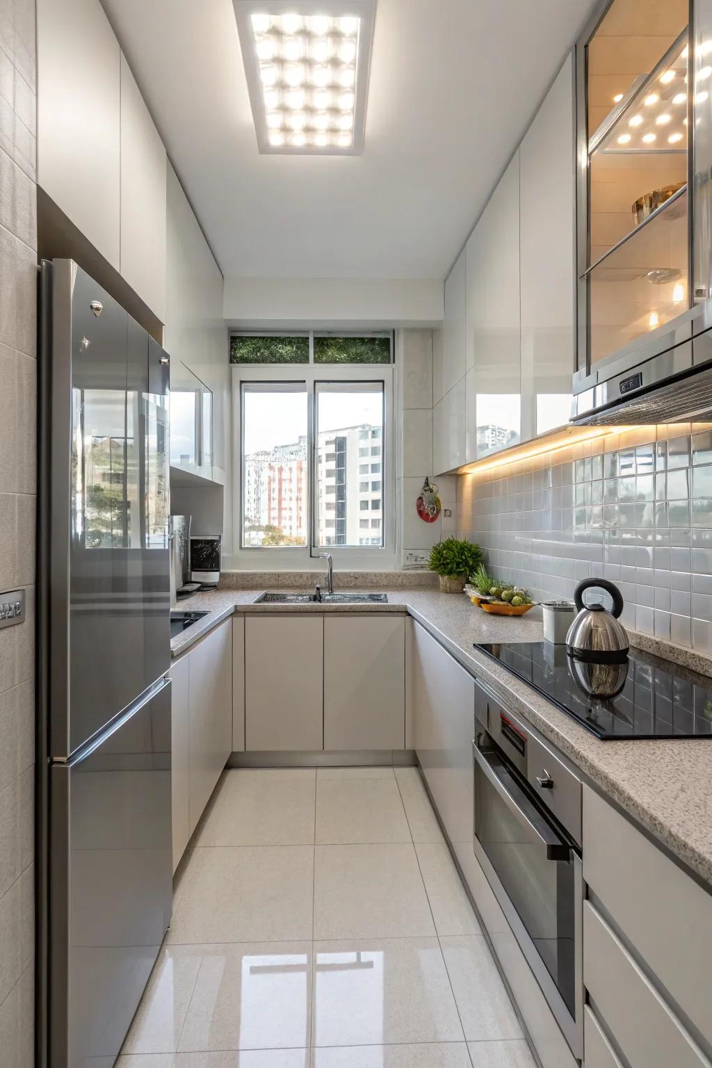 Mirrored backsplash windows amplify compact kitchen spaces by mirroring light and broadening the view.