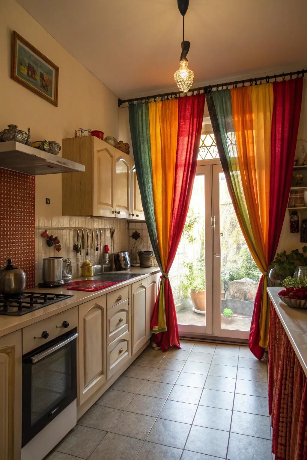 Bold-colored curtains transform the kitchen into a lively space.