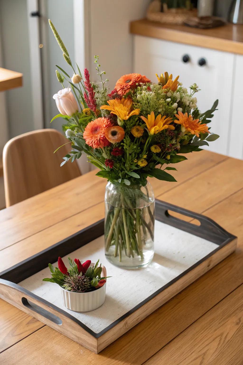 Seasonal flora breathes renewed vitality into the kitchen's aesthetic.