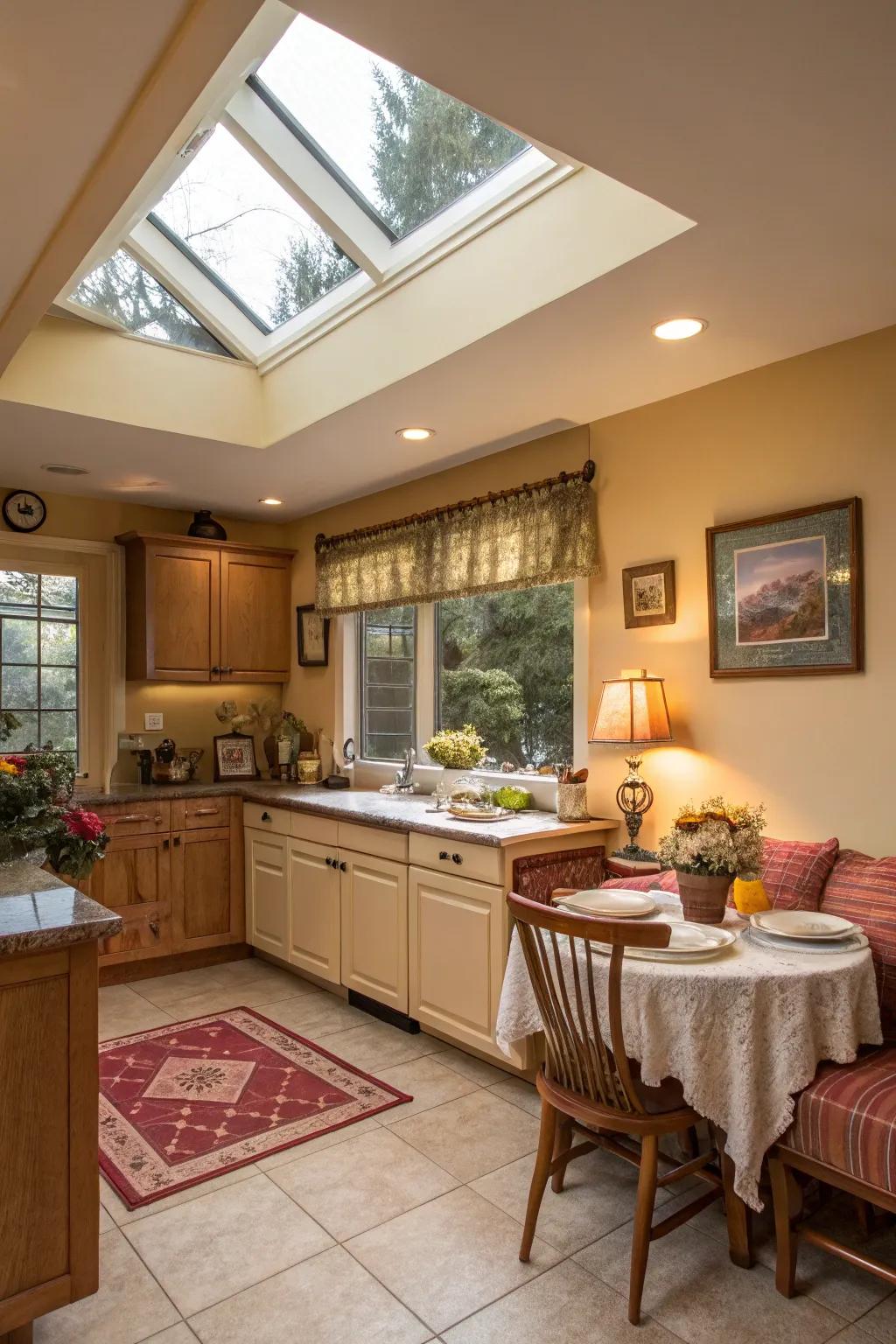 Warm palettes and natural light produce a captivating kitchen ambiance.