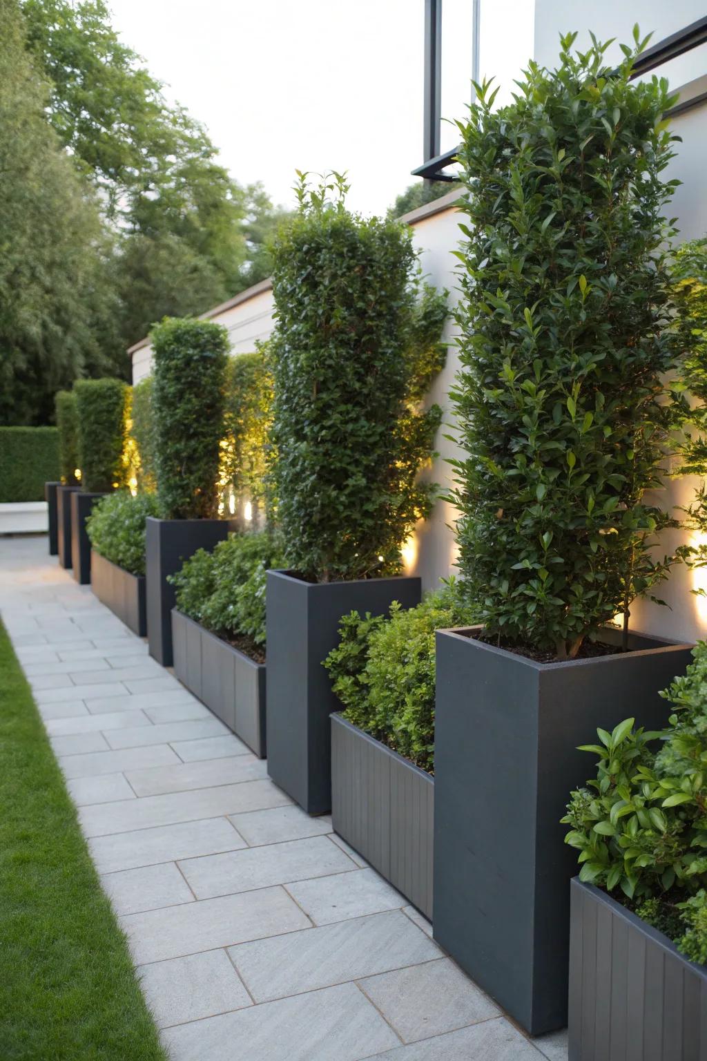 Fashionable seclusion using tall planters filled with abundant foliage.