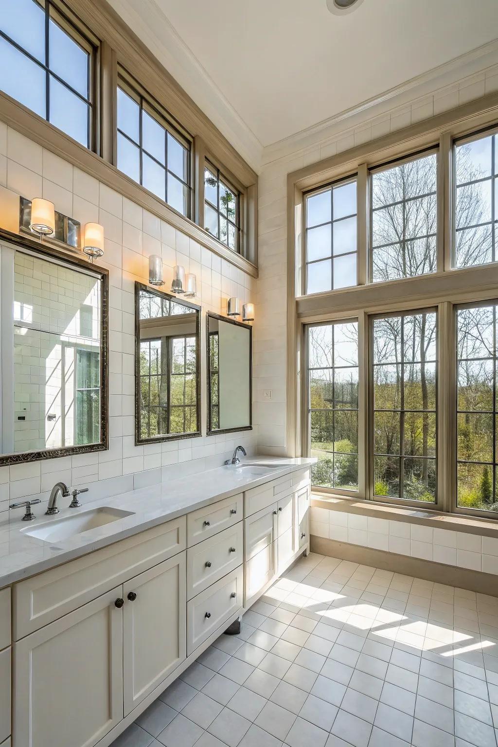 Natural light amplifies the brightness and beauty of a light-colored bathroom.