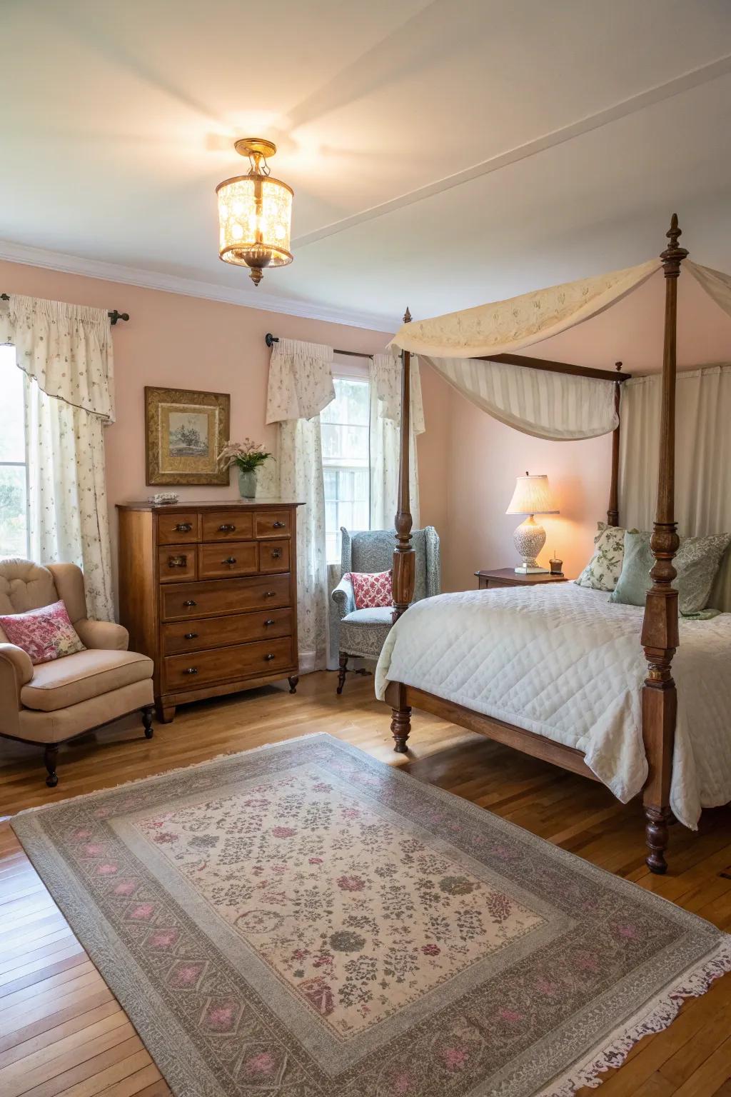 Antique aspects bringing charm to a pale timber floor bedroom.