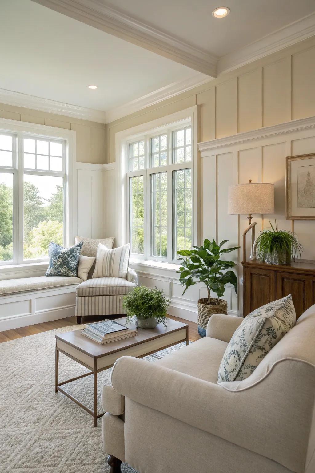 Neutral tones in wall paneling create a serene living space.