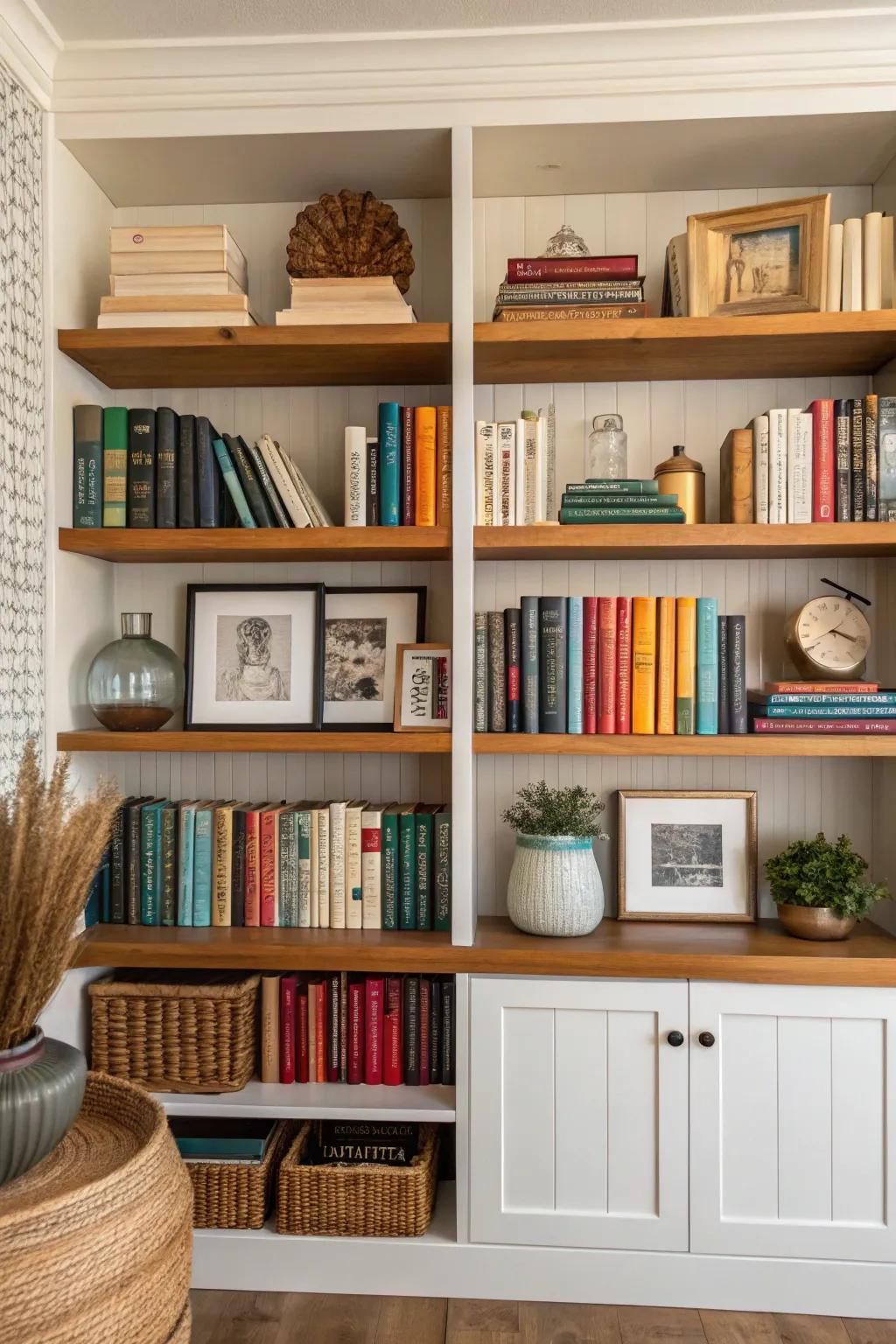 Experiment with symmetry and asymmetry for an engaging bookshelf display.