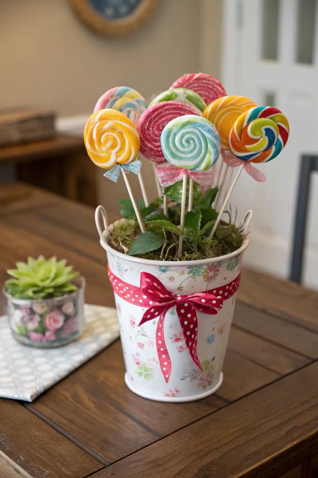 A personalized pot filled with sweet treats