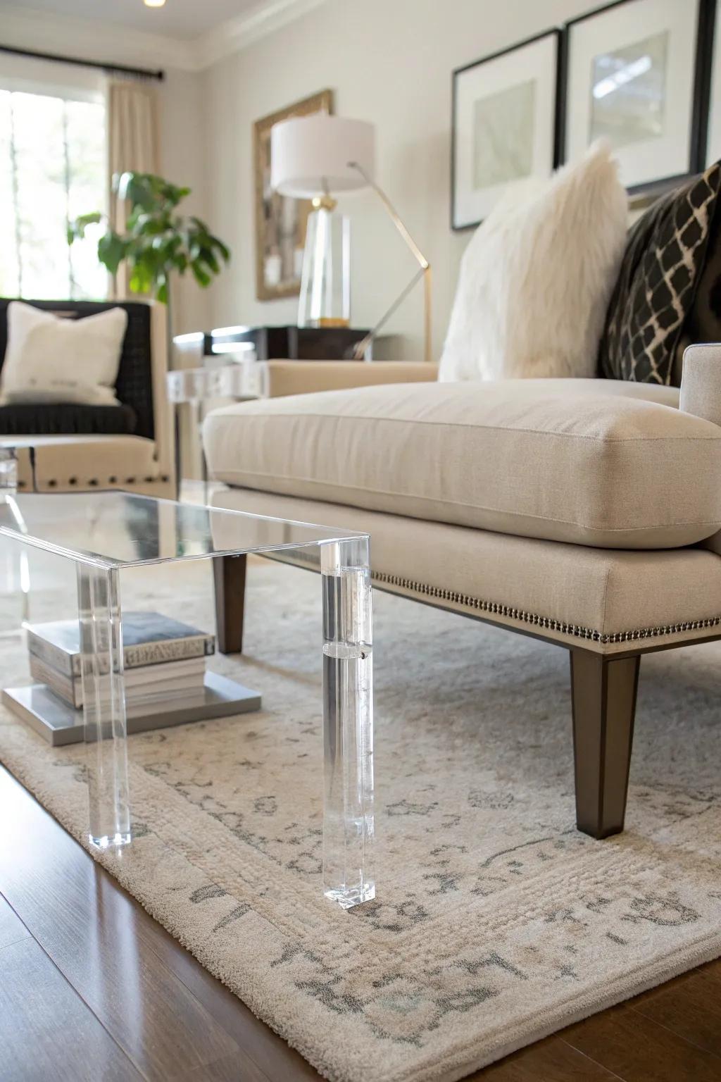 Lucite legs give furniture a floating appearance.