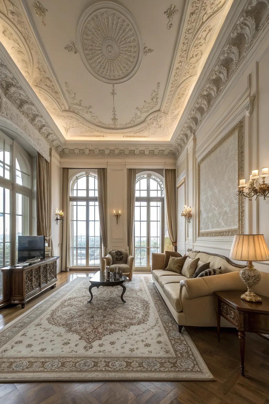 High ceilings and moldings add architectural elegance to this living room.