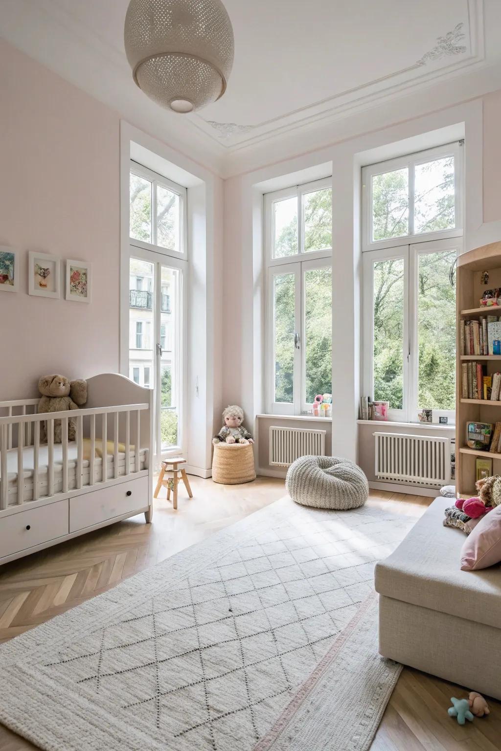 A nursery designed with a spacious layout, offering an airy and serene environment.