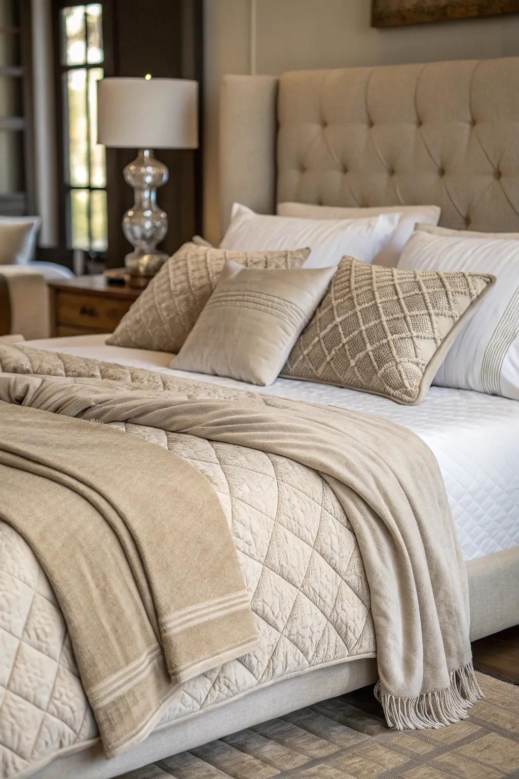 Simple bedding enhances the room's elegant and sophisticated feel.