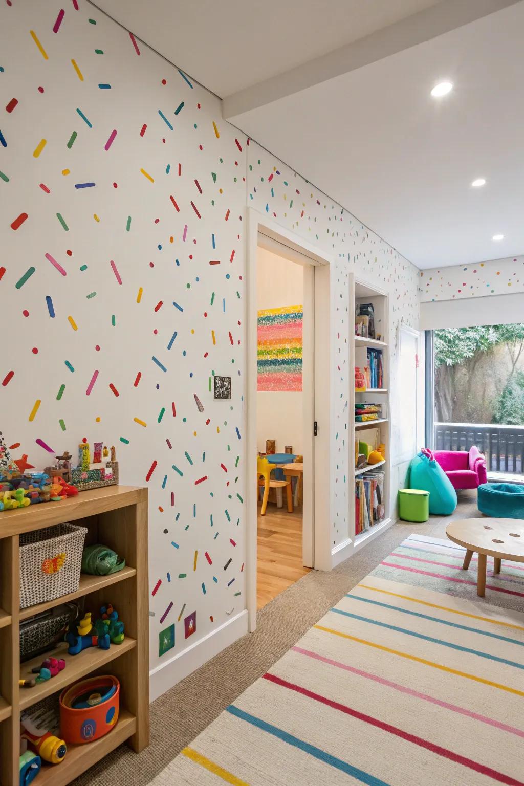 Confetti patterns add a playful and fun vibe