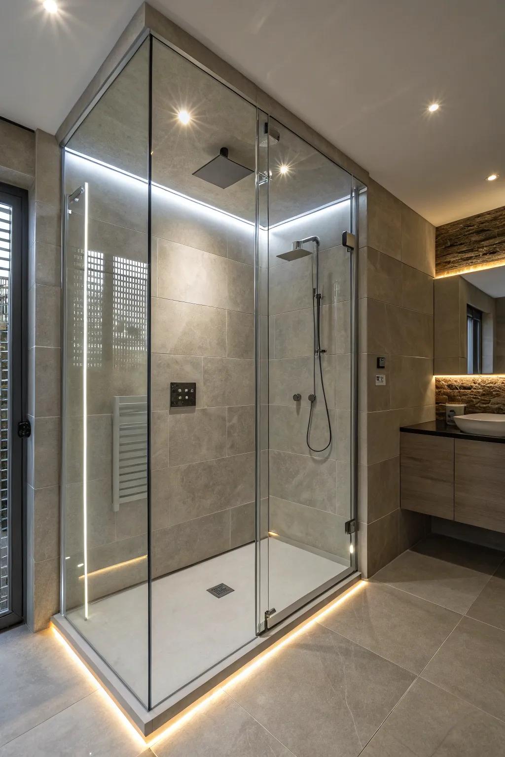 A walk-in shower featuring strategically positioned integrated lighting.