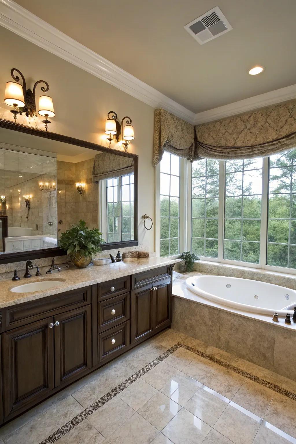 Coordinated vanities enhance the design around the hydromassage tub.