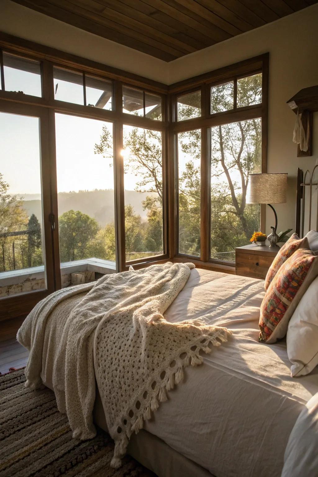 A bedroom with large windows that let in plenty of natural light.