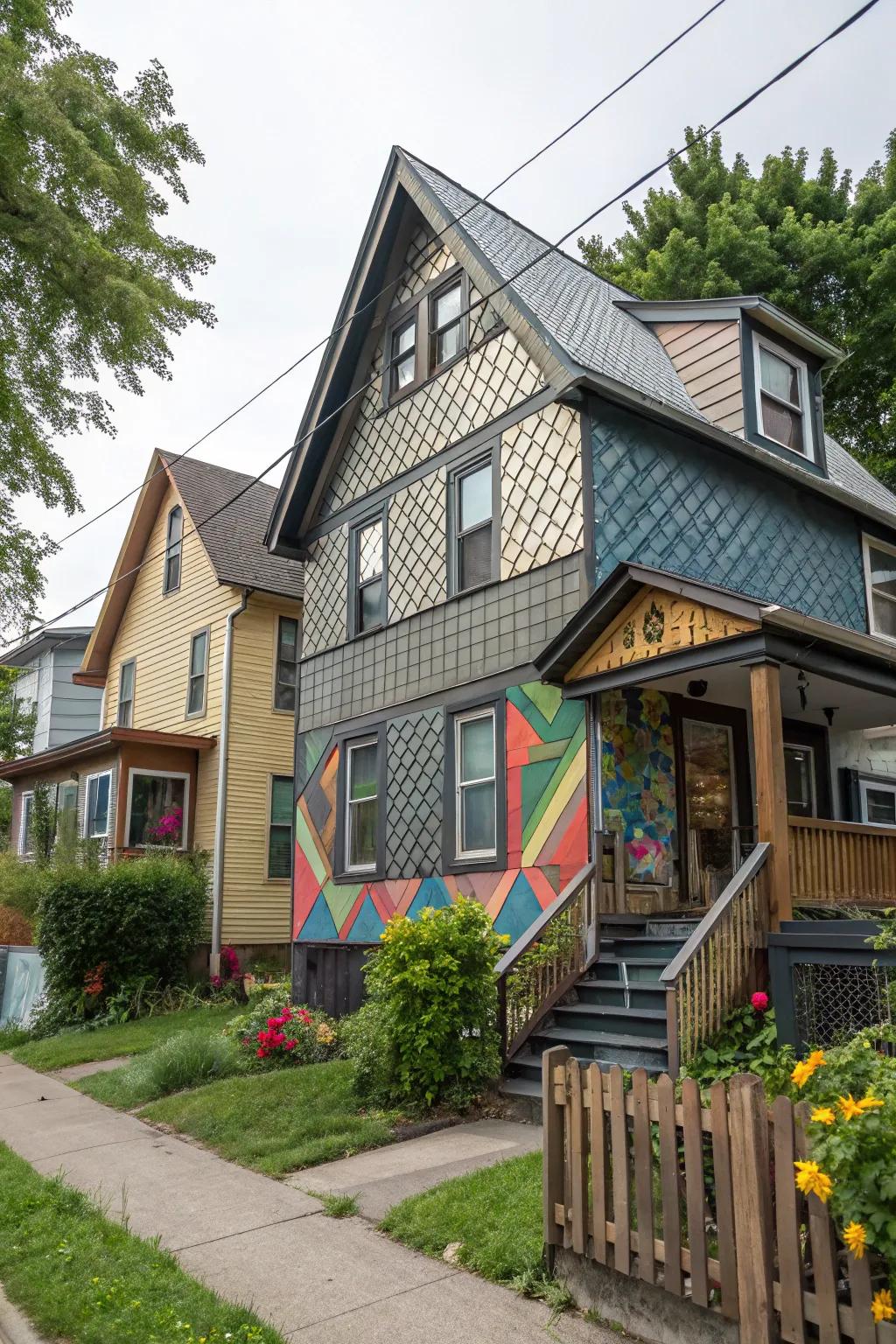 A creatively designed house featuring metal cladding with geometric designs.