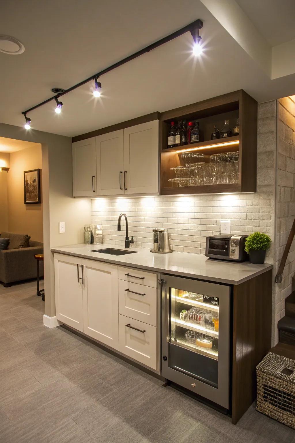 Lower-cabinet illumination in the food prep zone enriches both elegance and functionality.