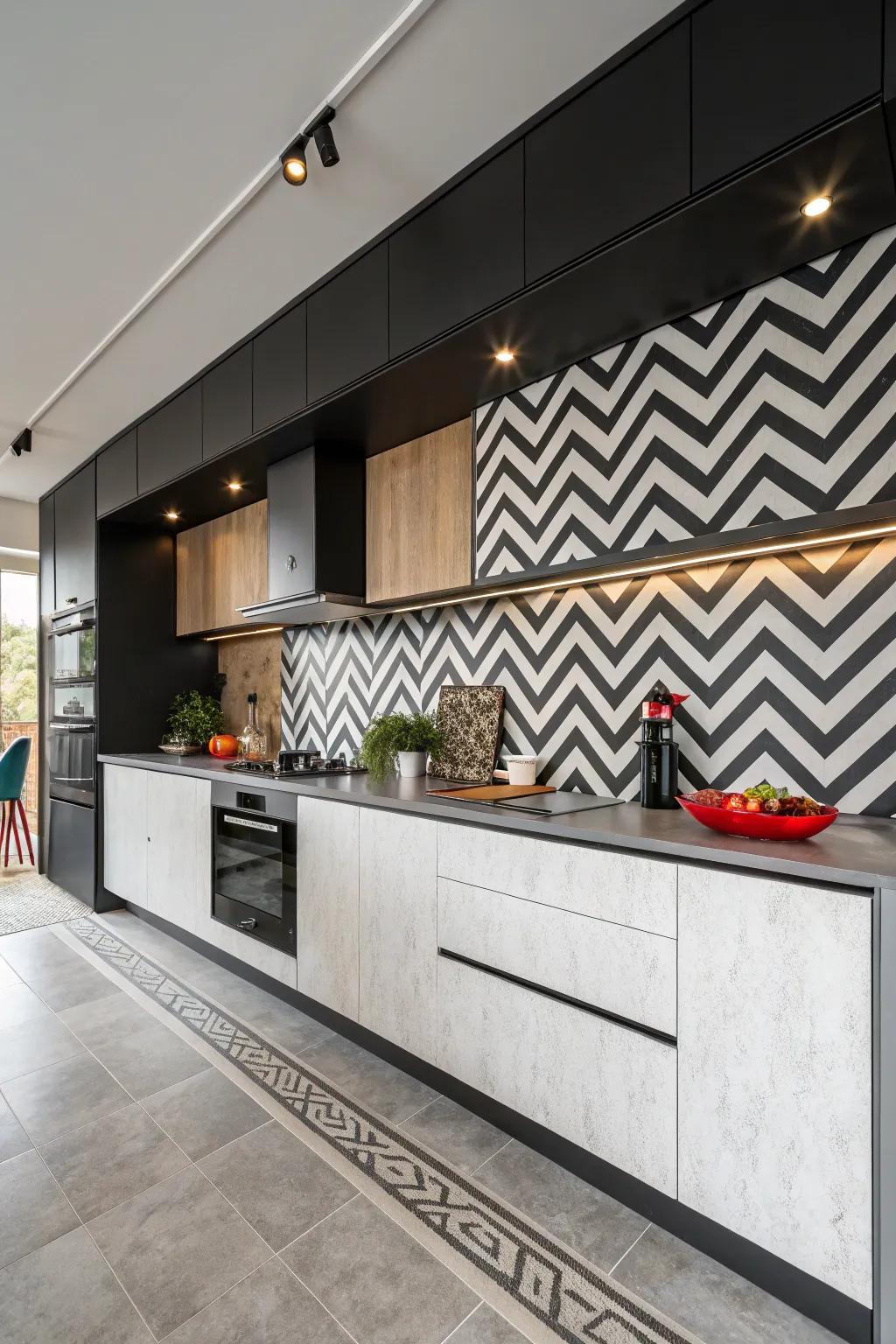 Angled patterns infuse movement and vitality into the kitchen.