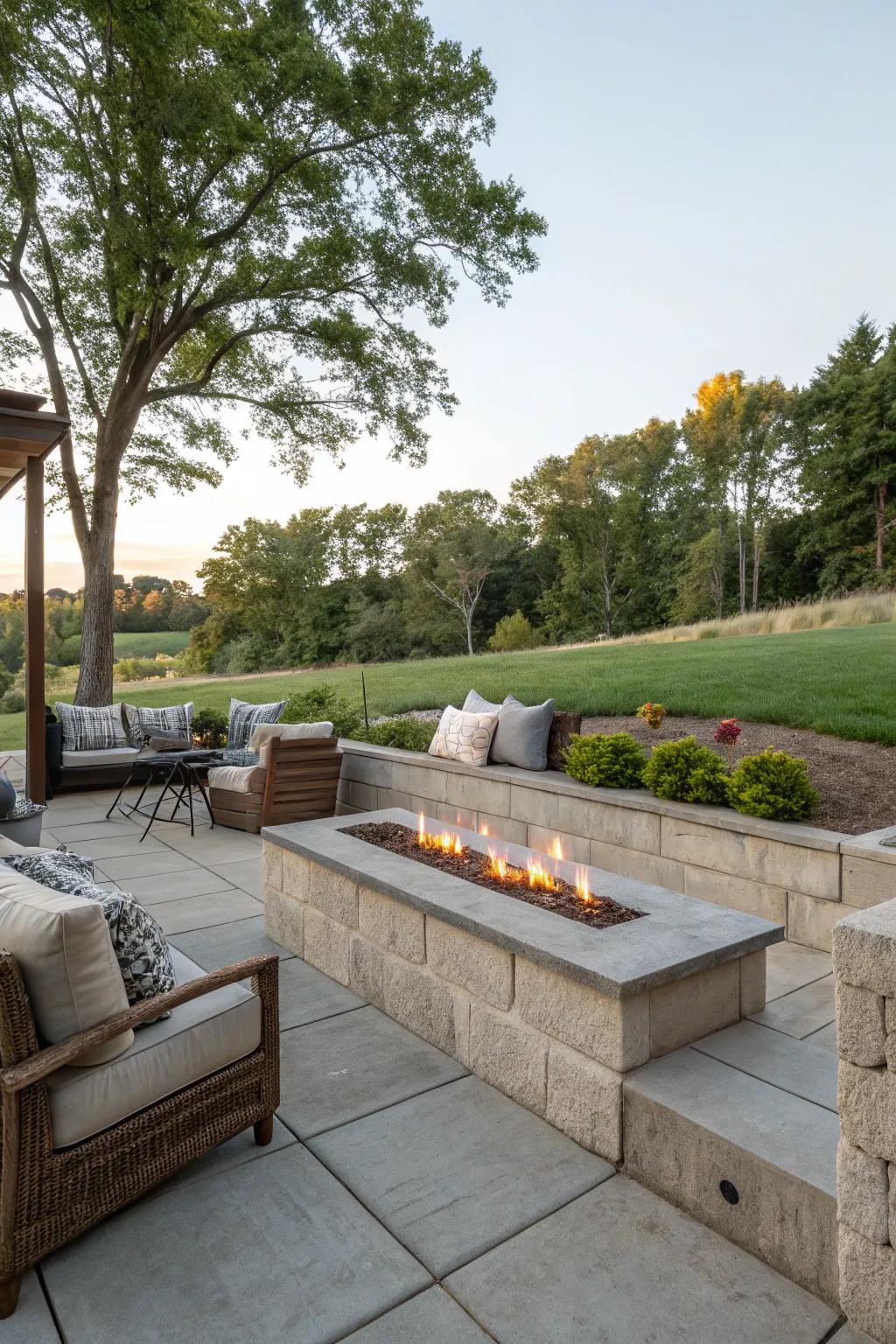 Rockface integrated with a fire pit for a cozy outdoor space.