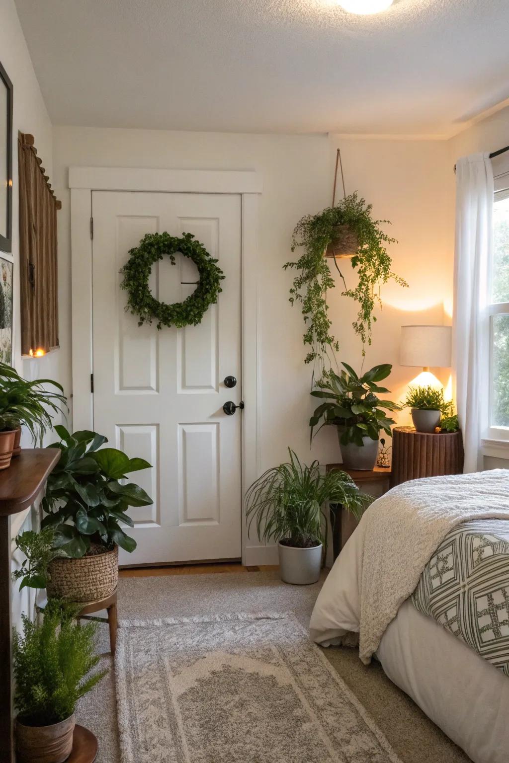 Greenery adds a fresh and natural touch to this guest bedroom.