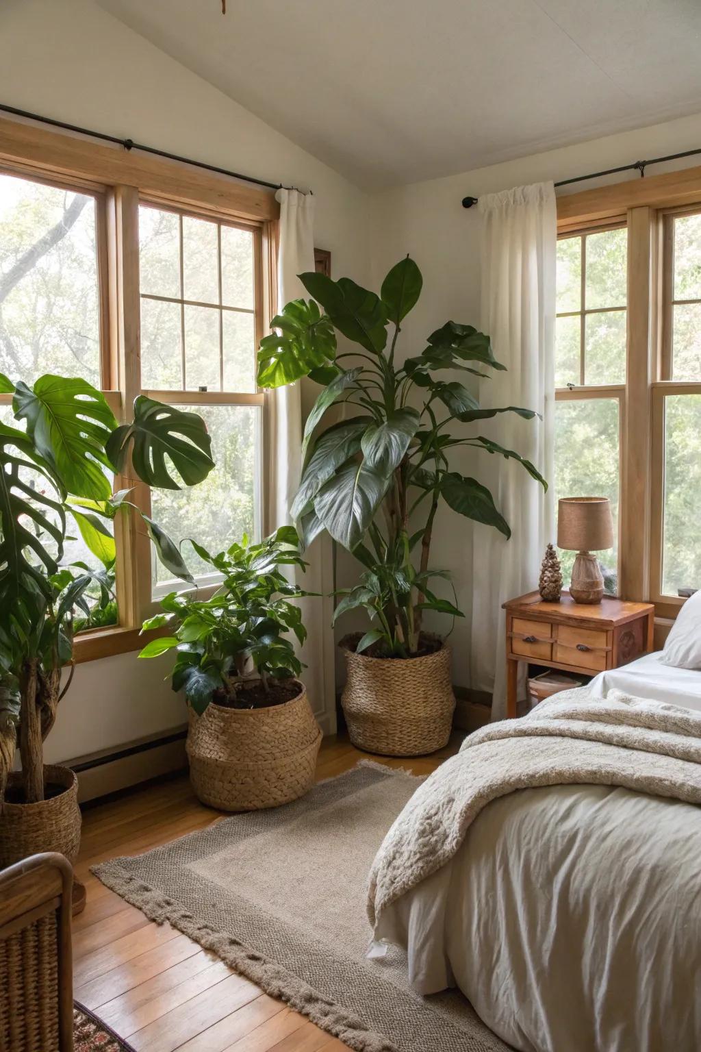 Generously sized potted plants introduce nature and vibrancy to a modern Spanish bedroom.