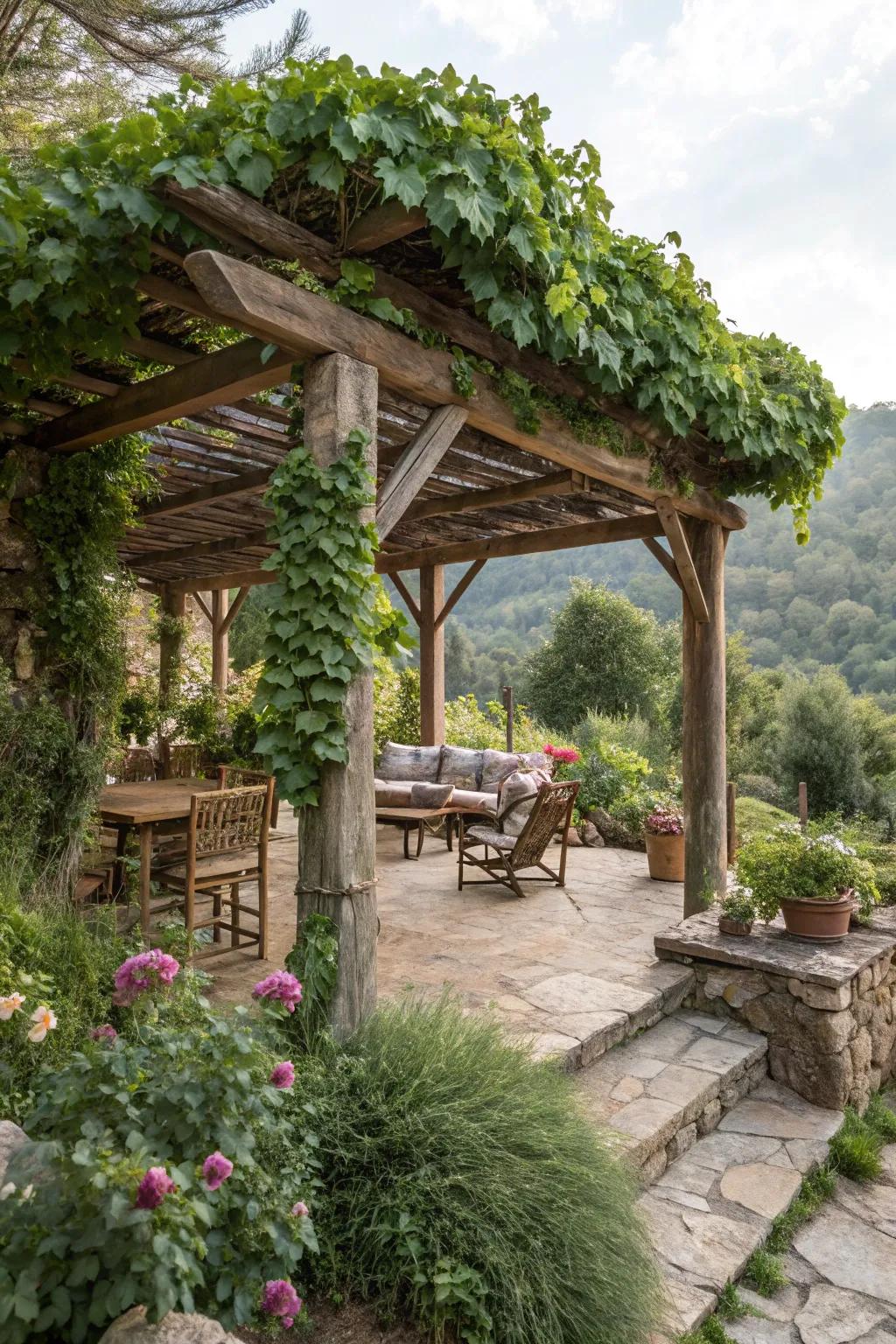 A country-style pergola delivering shade and charm in a mountain garden.