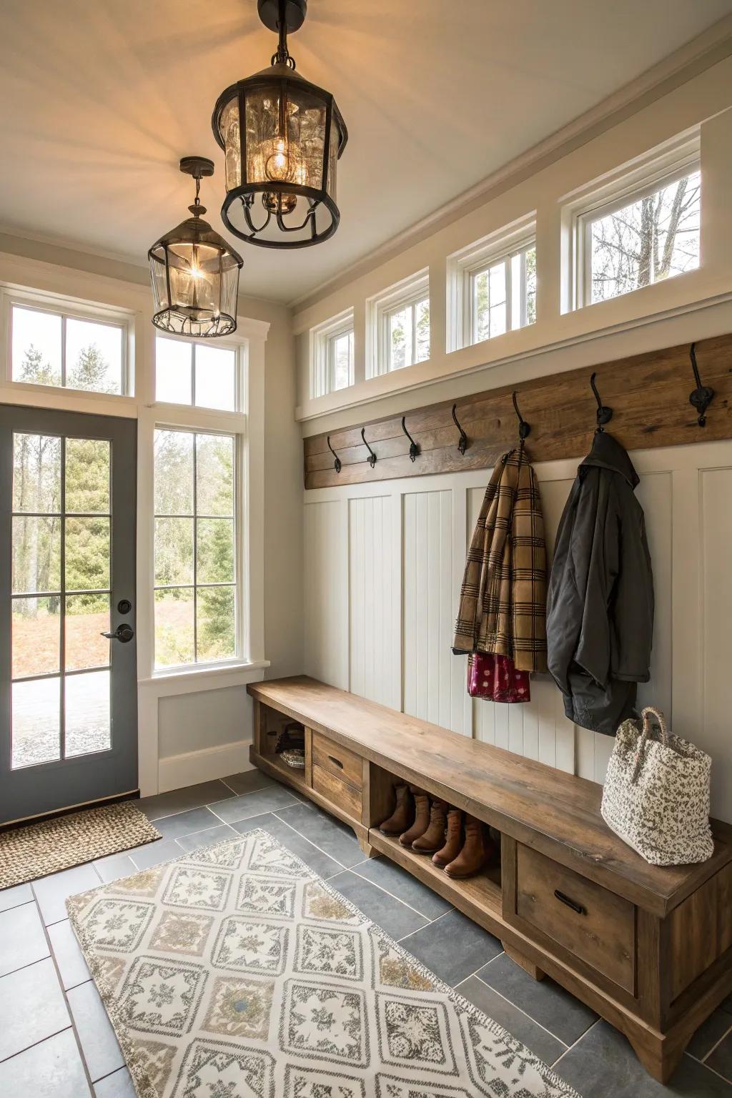 A mudroom illuminated with sunlight and stylish fixtures for a welcoming atmosphere.