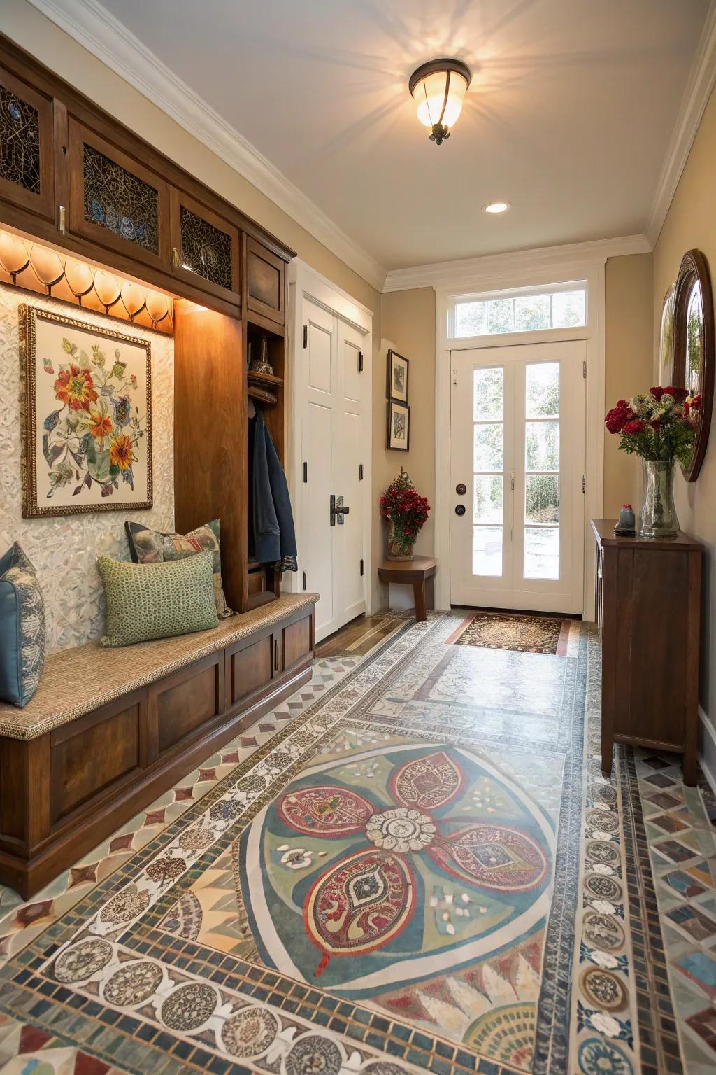 Complex mosaic tiles forming a masterpiece in a mudroom