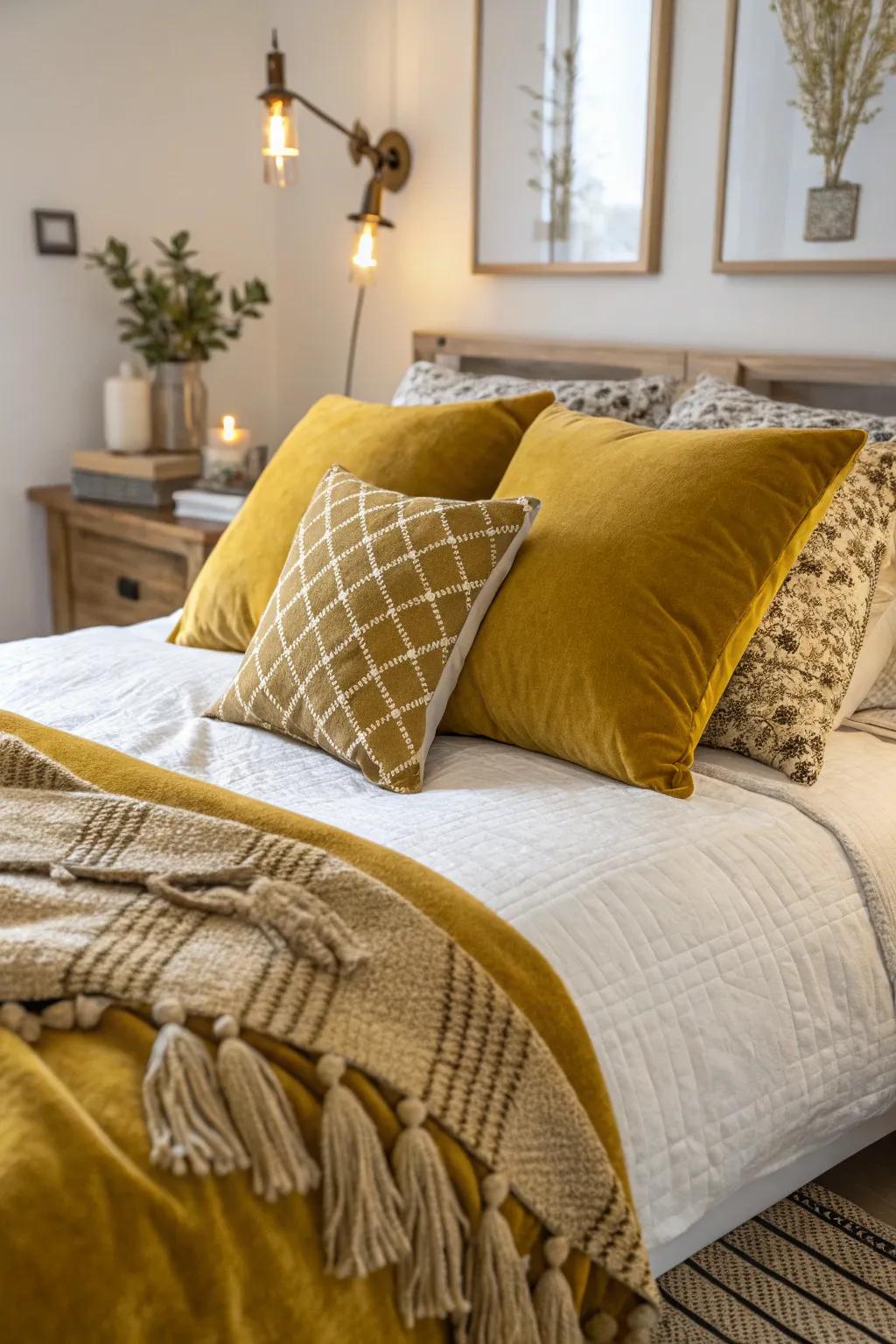 A bedroom with mustard yellow velvet pillows and woven fabric throws.