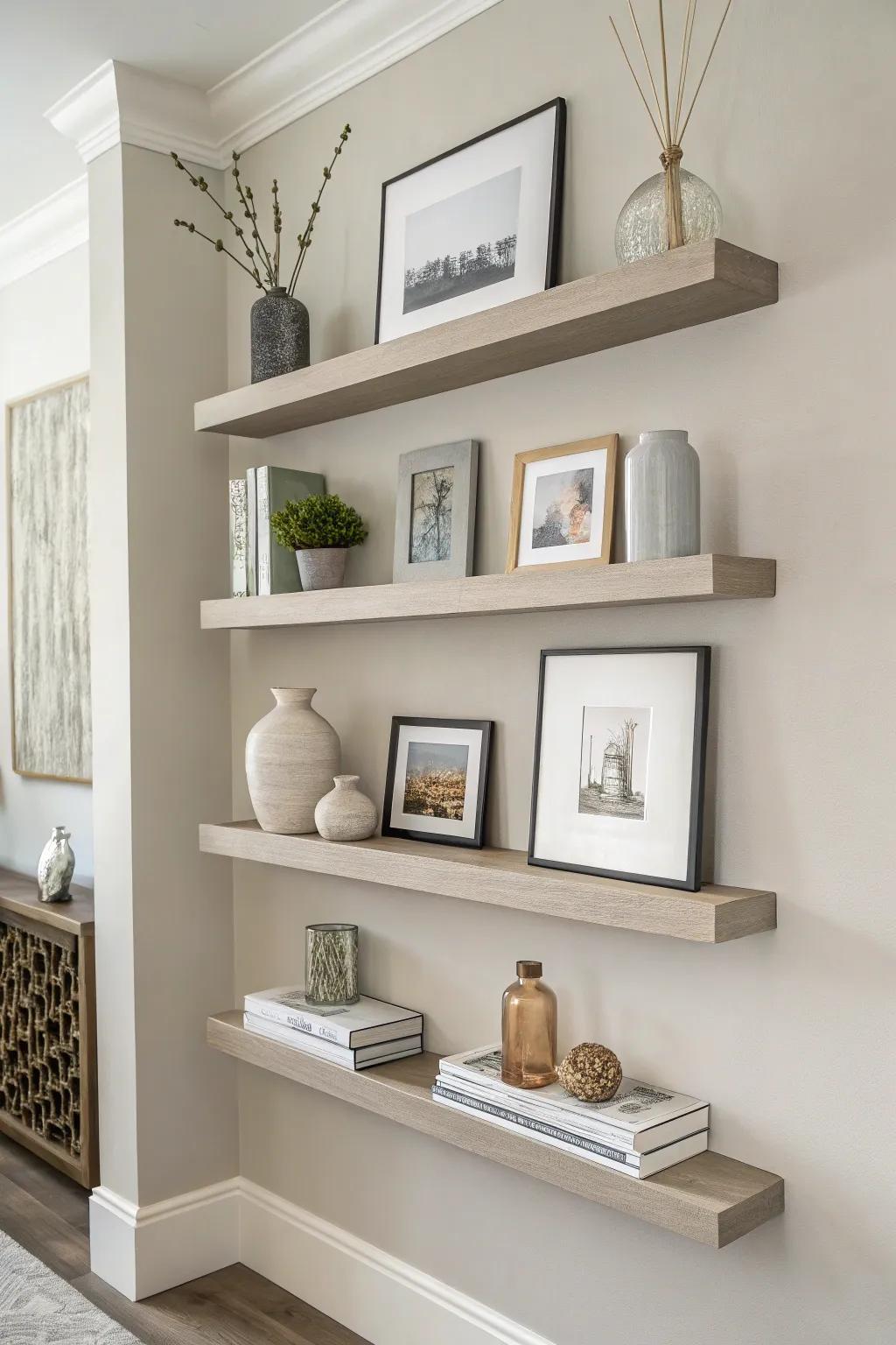 Floating shelves provide style and storage.