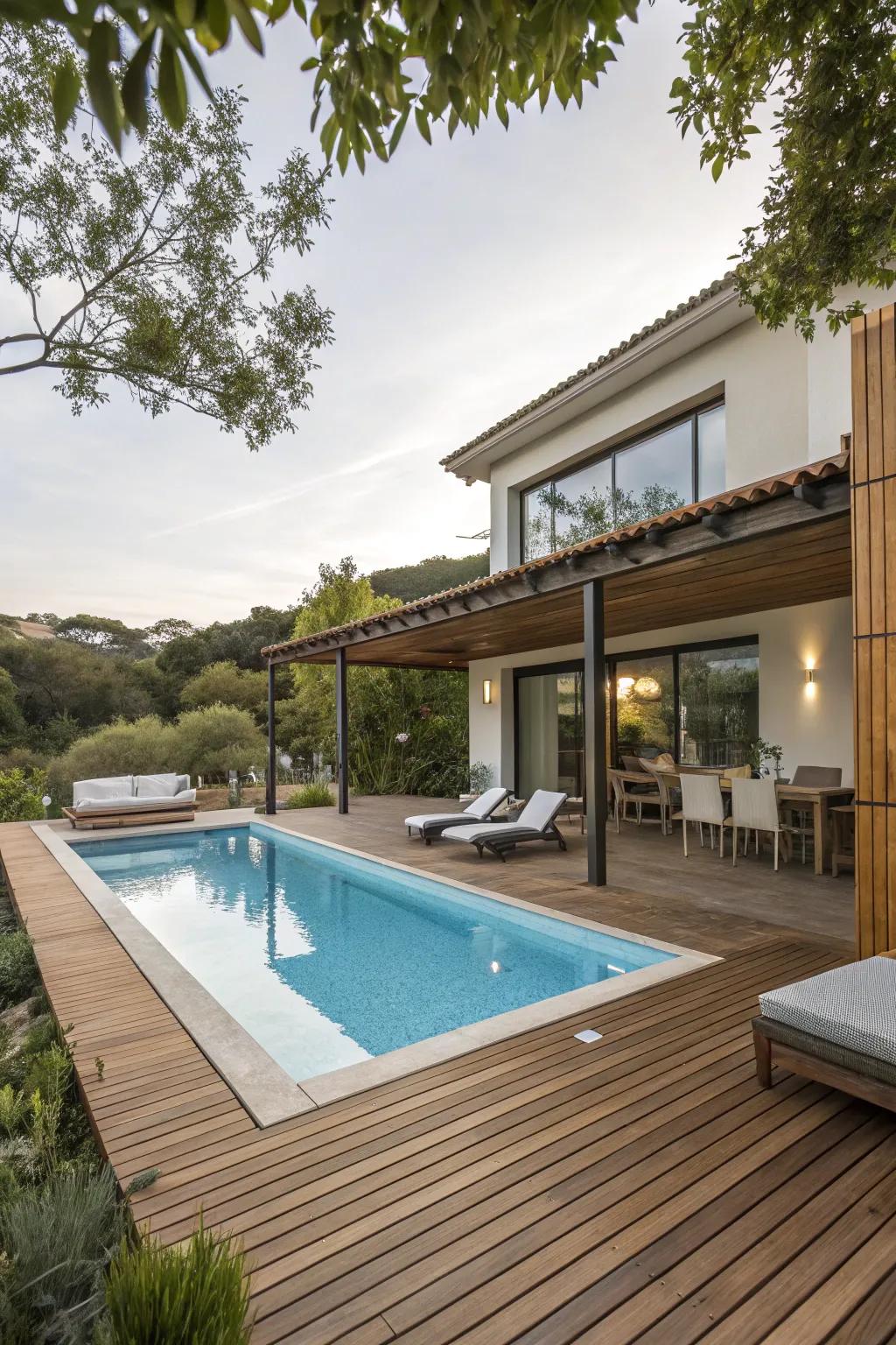 A pool with sleek wooden decking, providing a chic and comfortable lounging area.