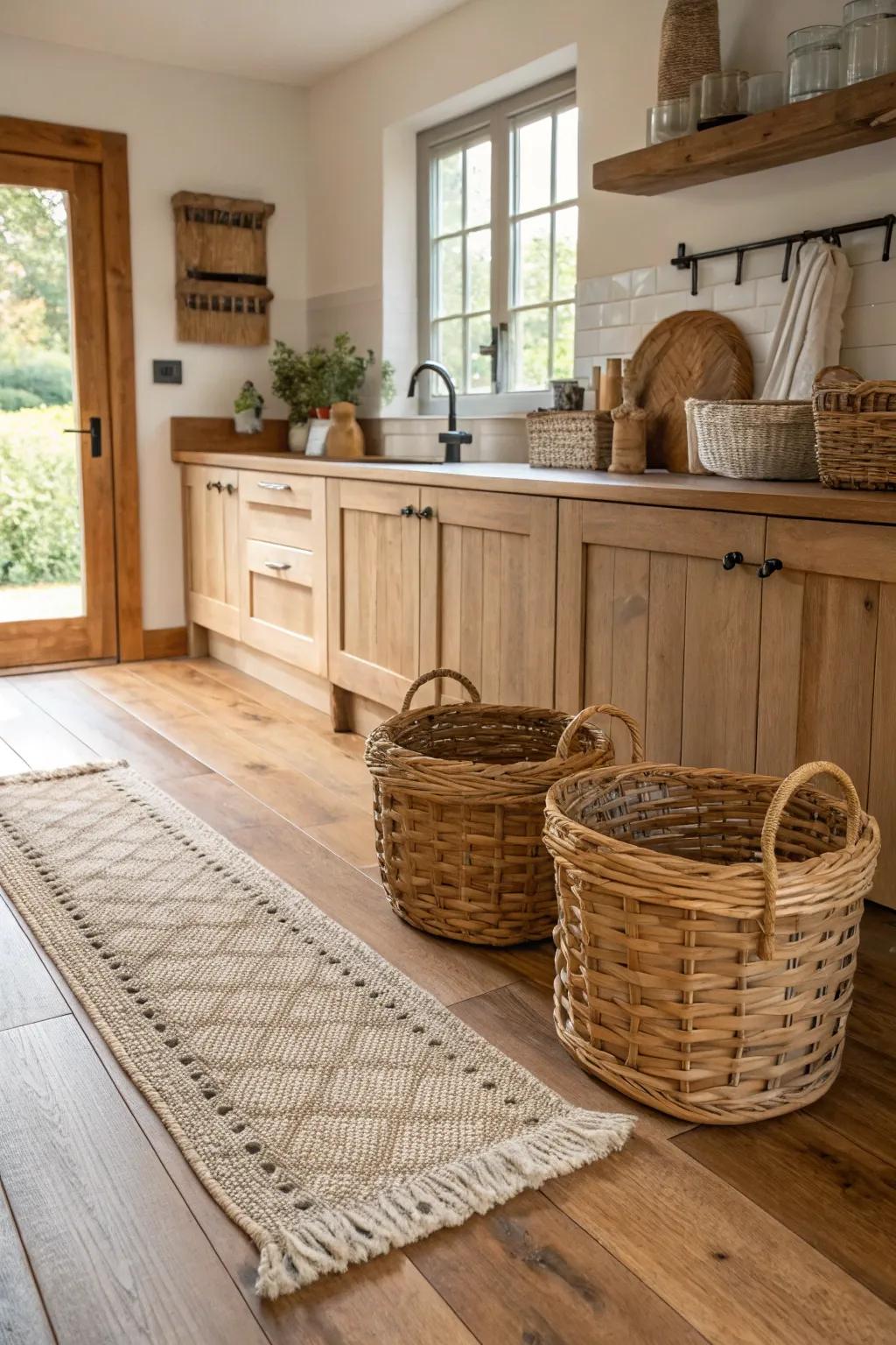 Textures complementing the natural grain of oak floors.