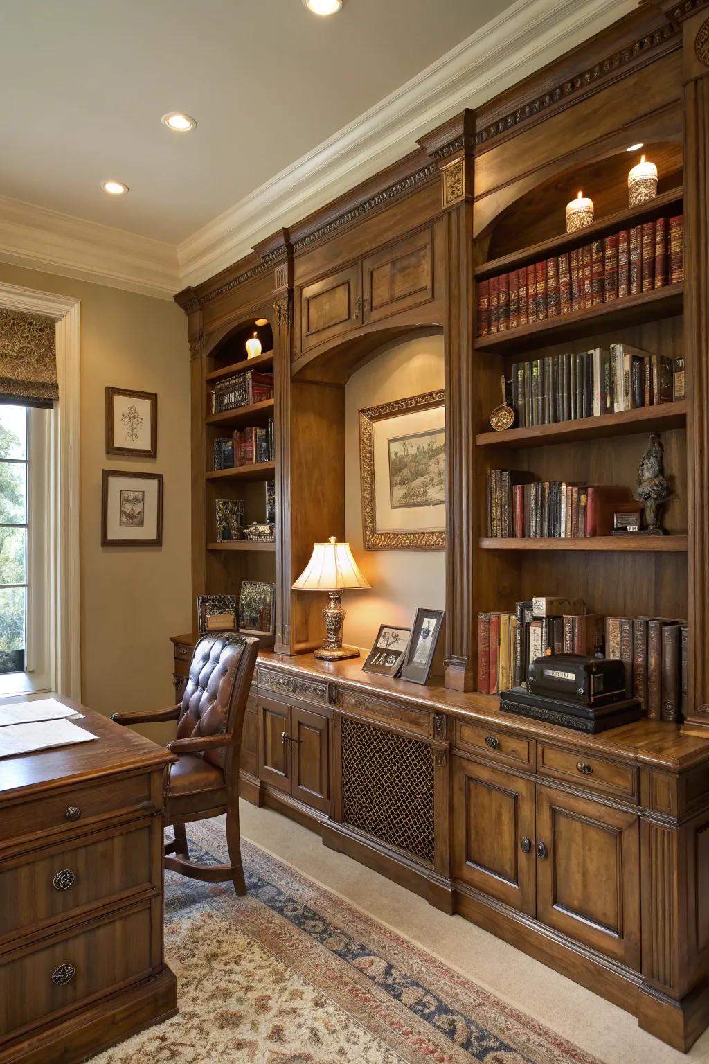 Traditional elegance with rich wooden bookshelves.