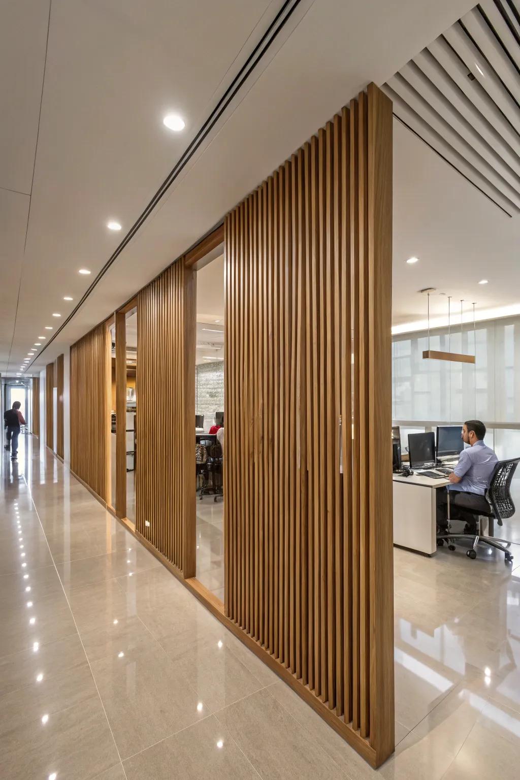 Wooden strips deliver a contemporary, natural feel to office partitions.