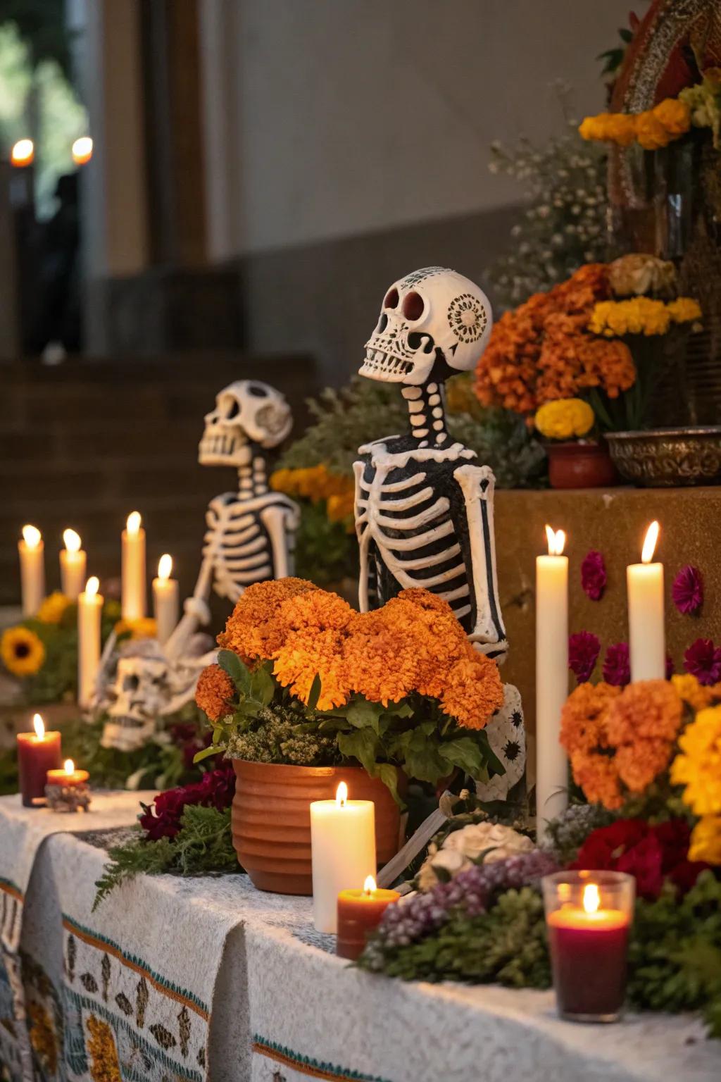 Skeleton figurines bring charm and humor to your ofrenda.