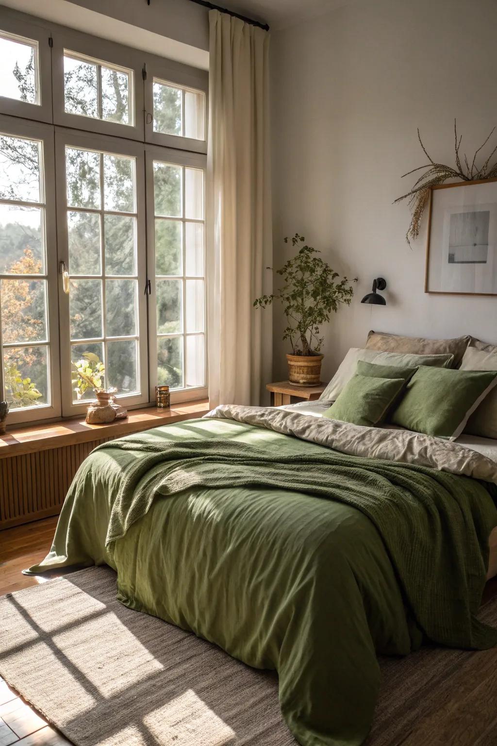 Natural light enhances the beauty of olive green bedding.