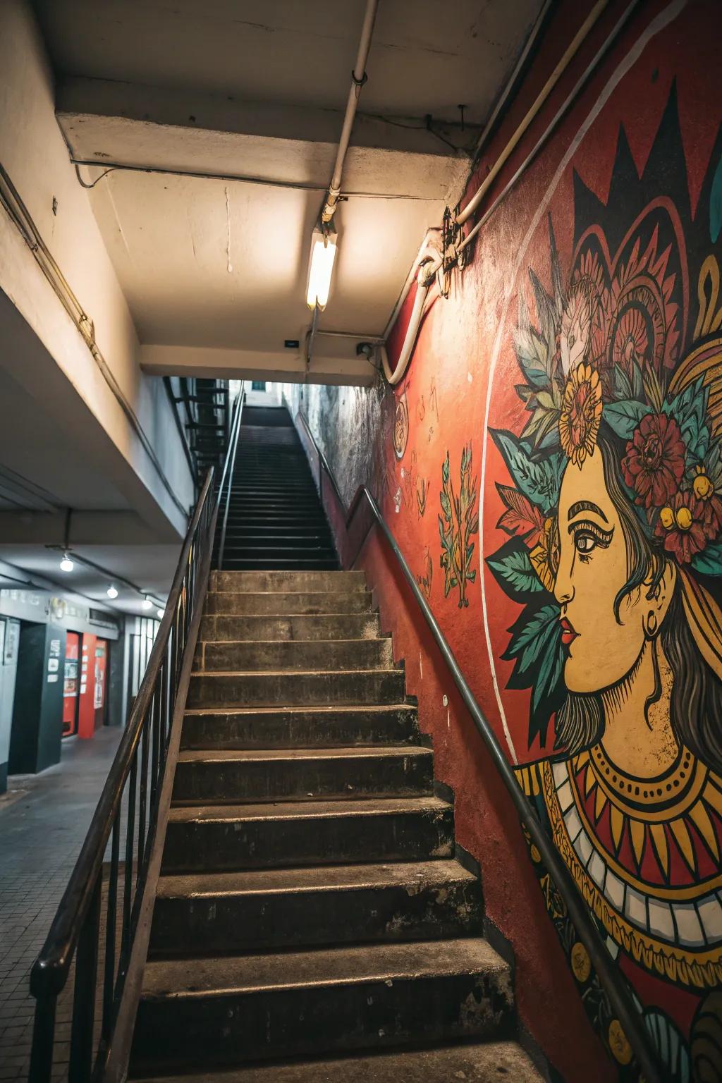 A bold mural on the staircase wall crafts an artistic focal point.