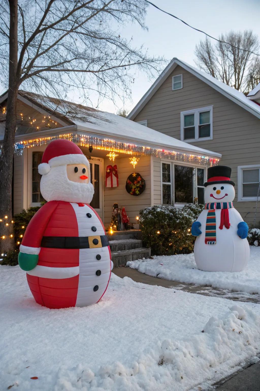 Inflatable figures add a whimsical touch to your holiday display.