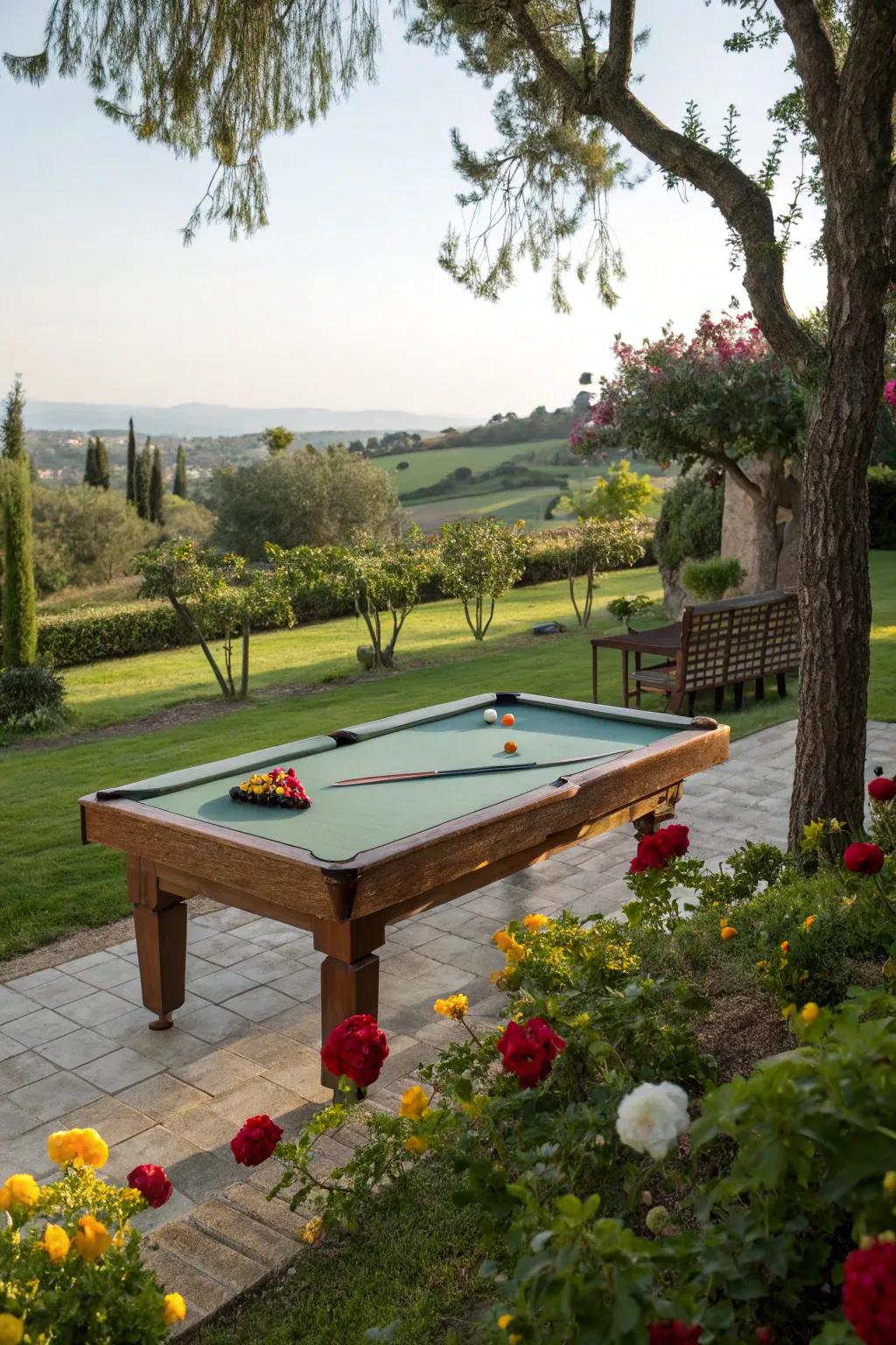 A billiards table presenting mesmerizing views of an abundant garden.