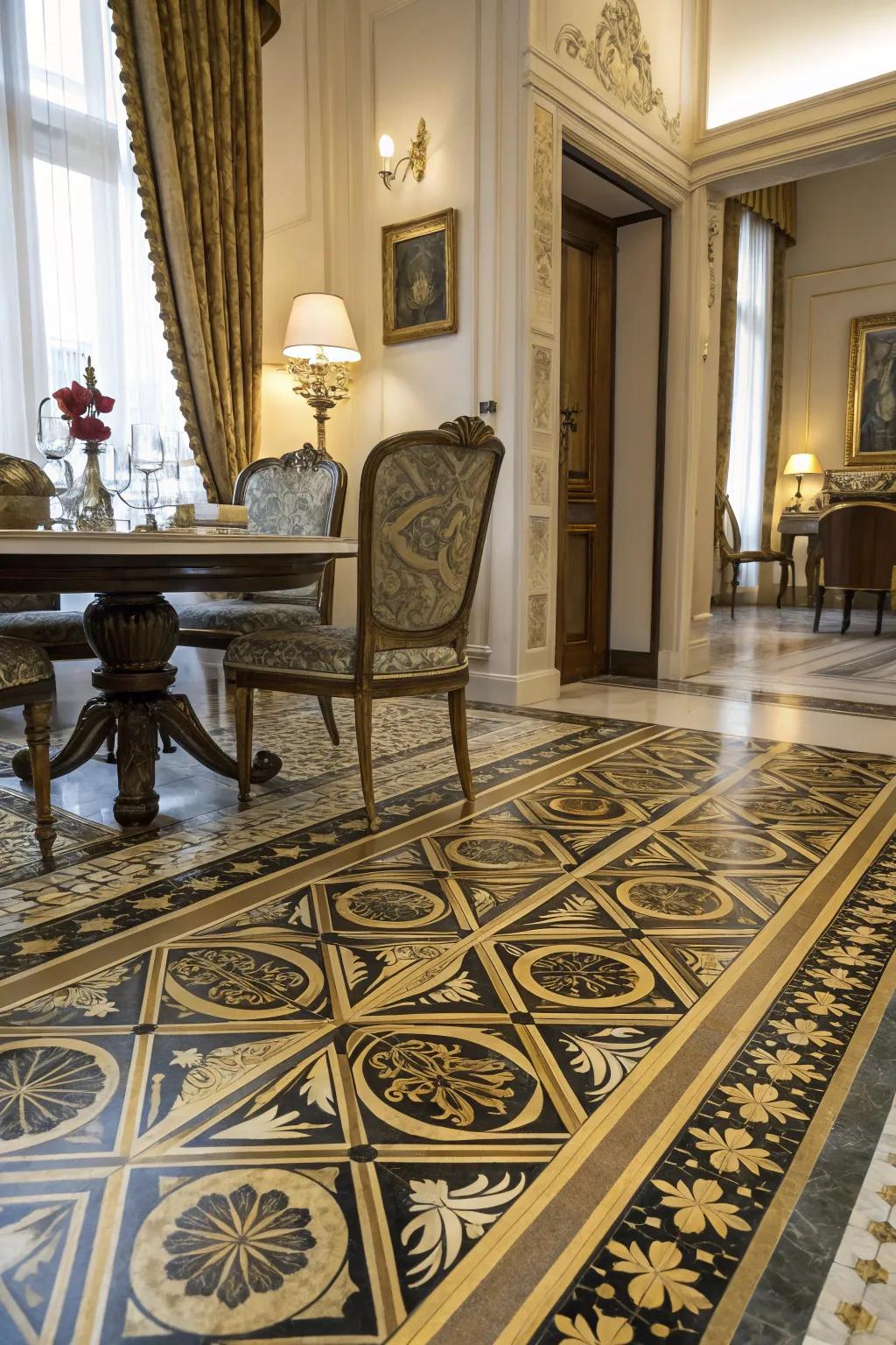 A dining room adorned with Art Deco-inspired painted floors, offering a vintage elegance.