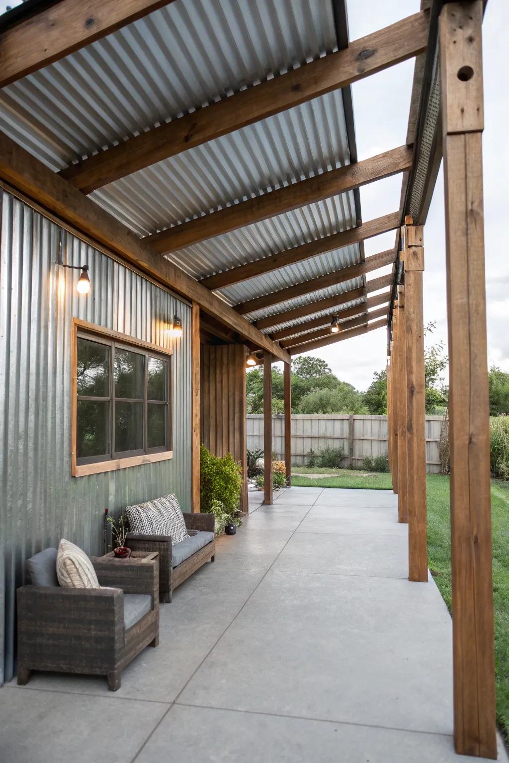 Corrugated metal and wood fusion provide an industrial chic patio style.