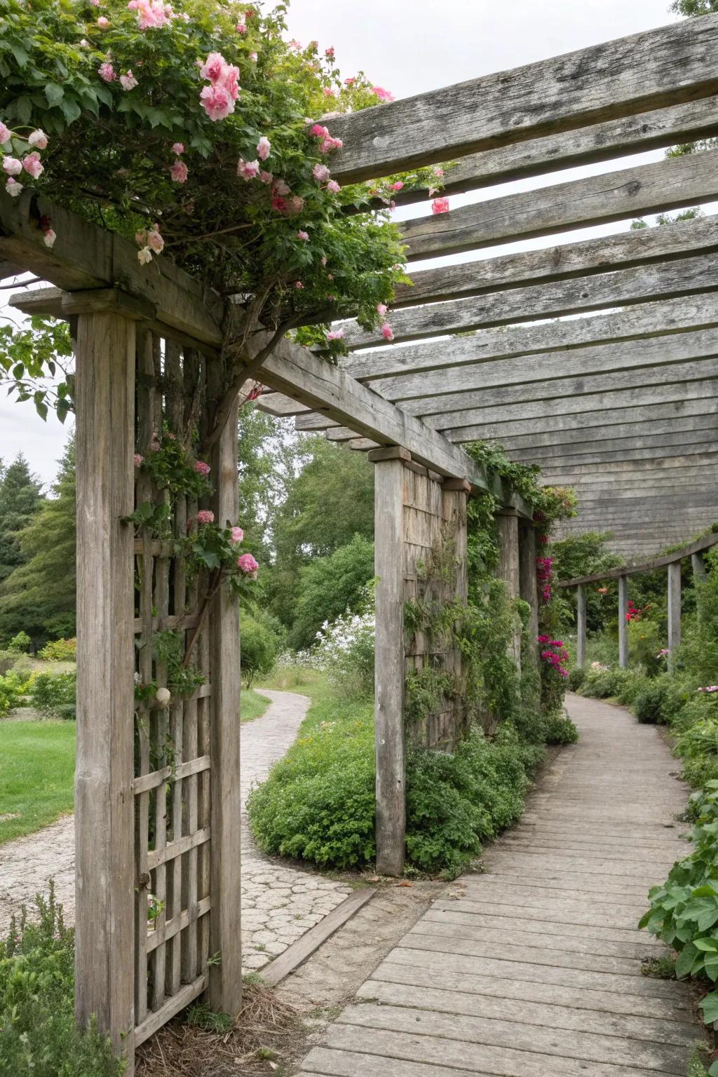 Wooden slat sides add rustic charm to this countryside pergola.